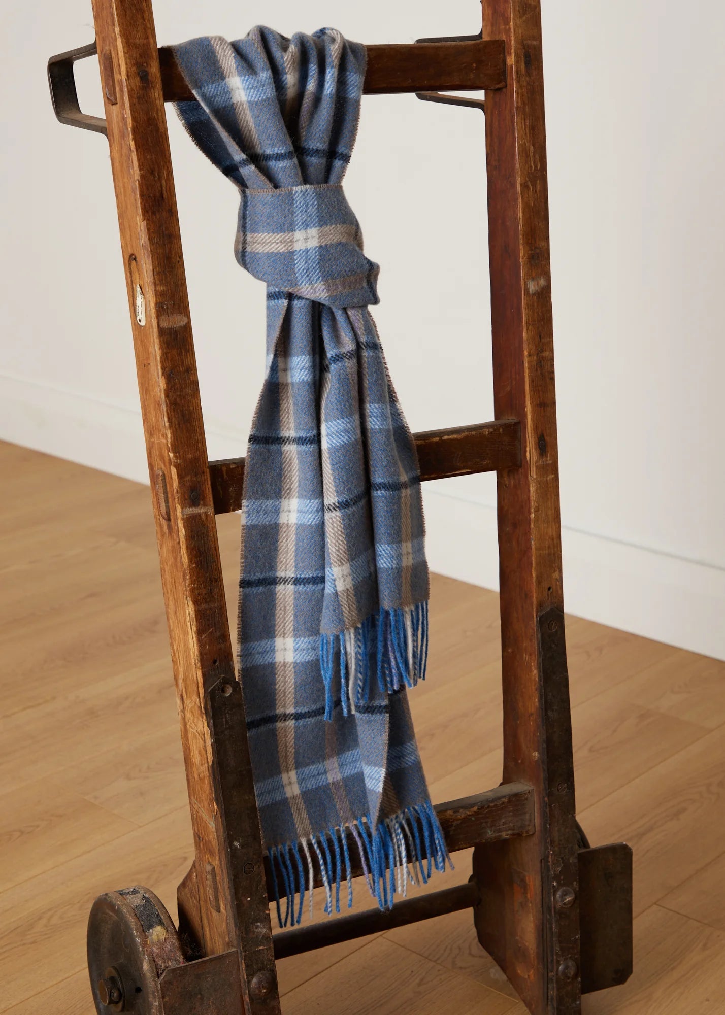 Foxford, Blue & Mink Check Lambswool Scarf Foxford