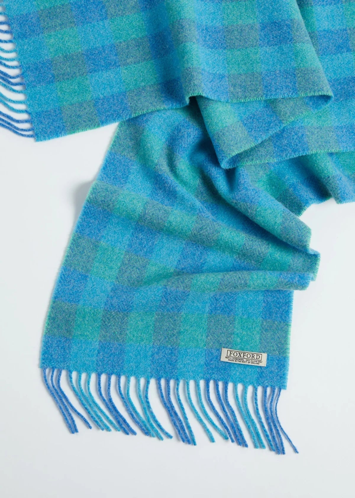 Foxford, Blue & Green Check lambswool Scarf Foxford