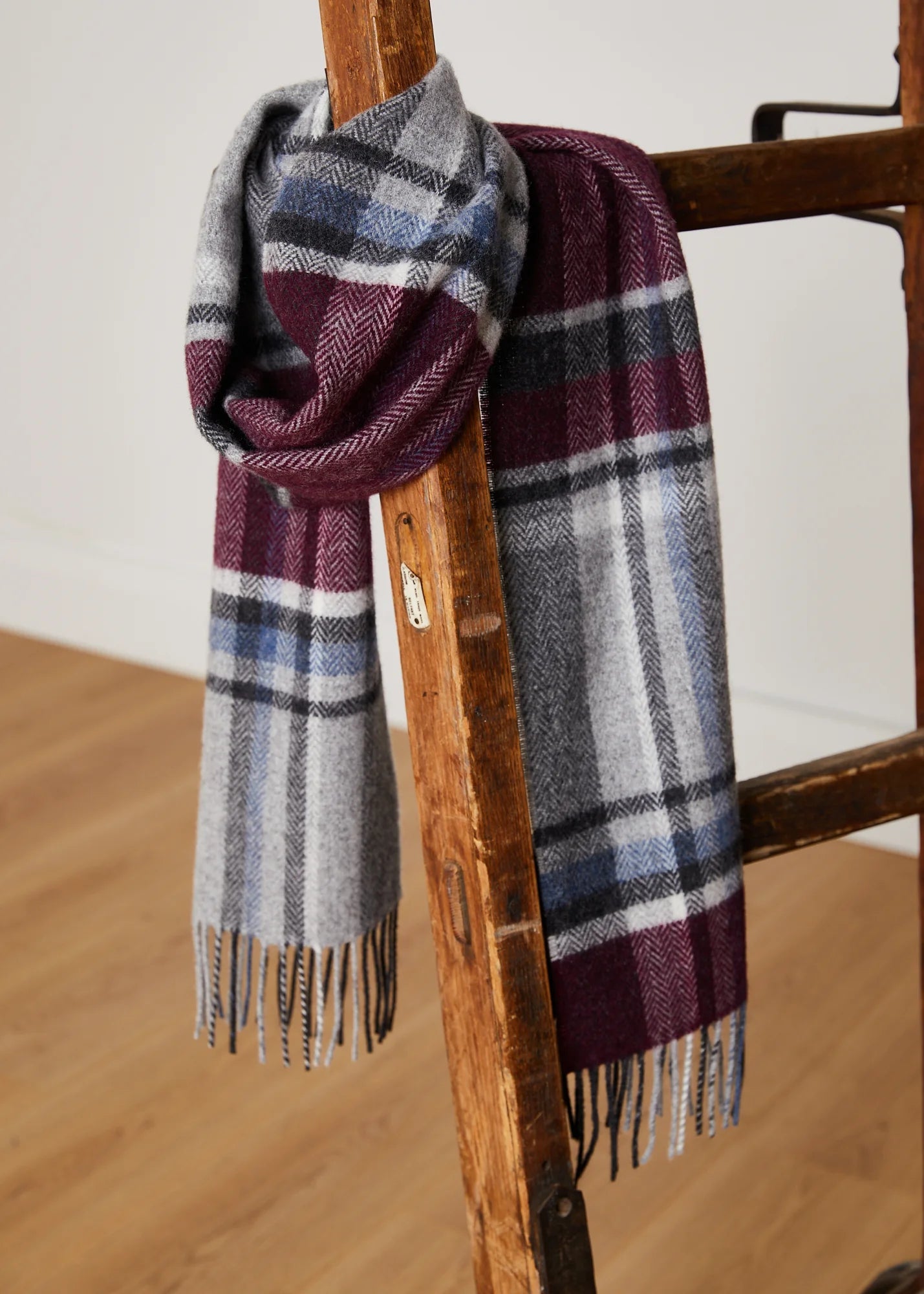 Foxford, Maroon & Grey Tartan Lambswool Scarf Foxford