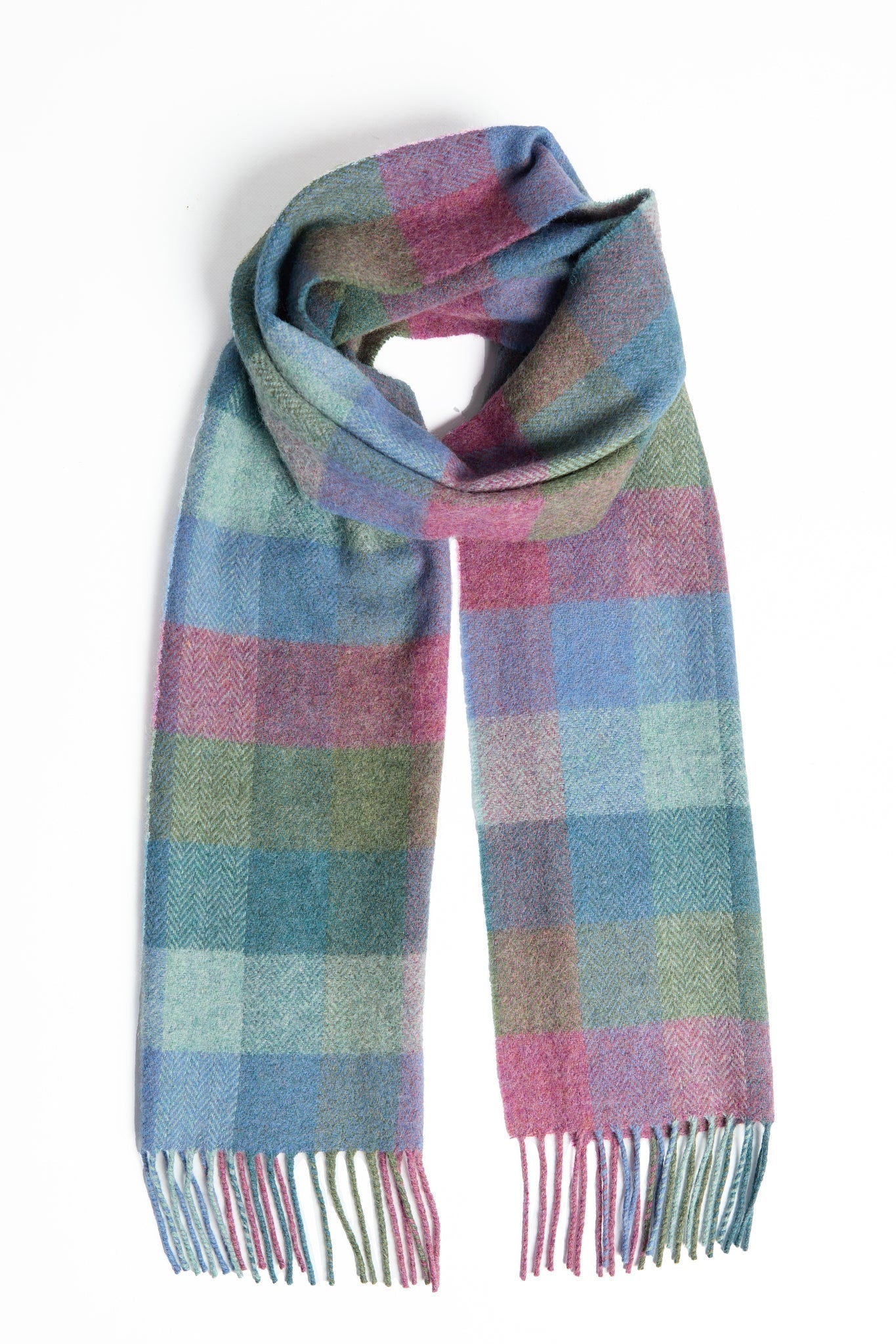 Foxford, Damask Green Turquoise Check Lambswool scarf Foxford