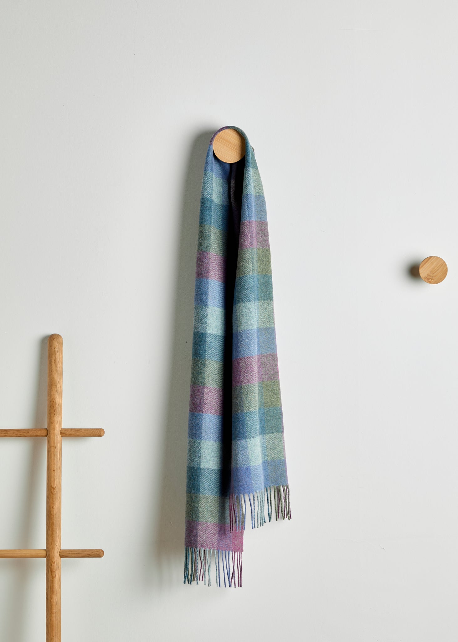 Foxford, Damask Green Turquoise Check Lambswool scarf Foxford