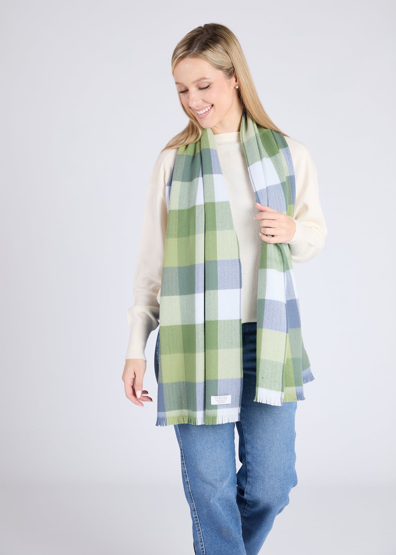 Foxford, Green & Blue Small Block Check Extra Fine Merino Scarf Foxford