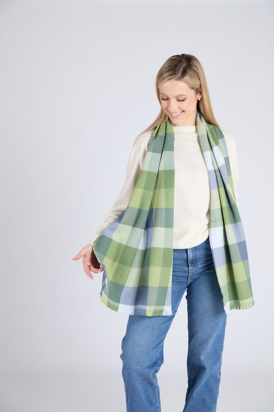 Foxford, Green & Blue Small Block Check Extra Fine Merino Scarf Foxford