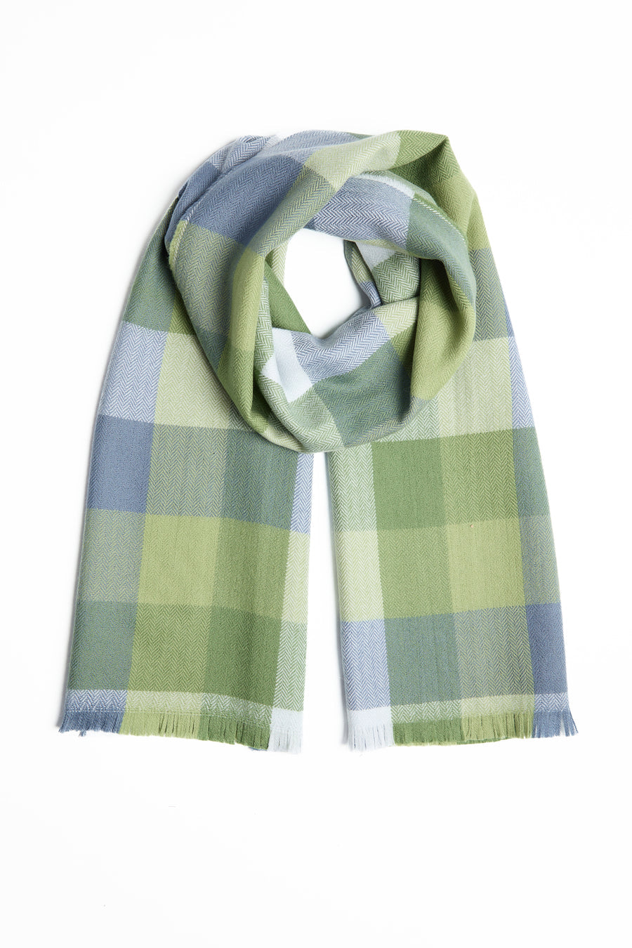 Foxford, Green & Blue Small Block Check Extra Fine Merino Scarf Foxford