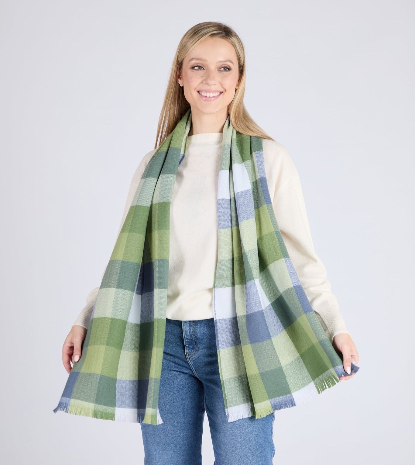 Foxford, Green & Blue Small Block Check Extra Fine Merino Scarf Foxford