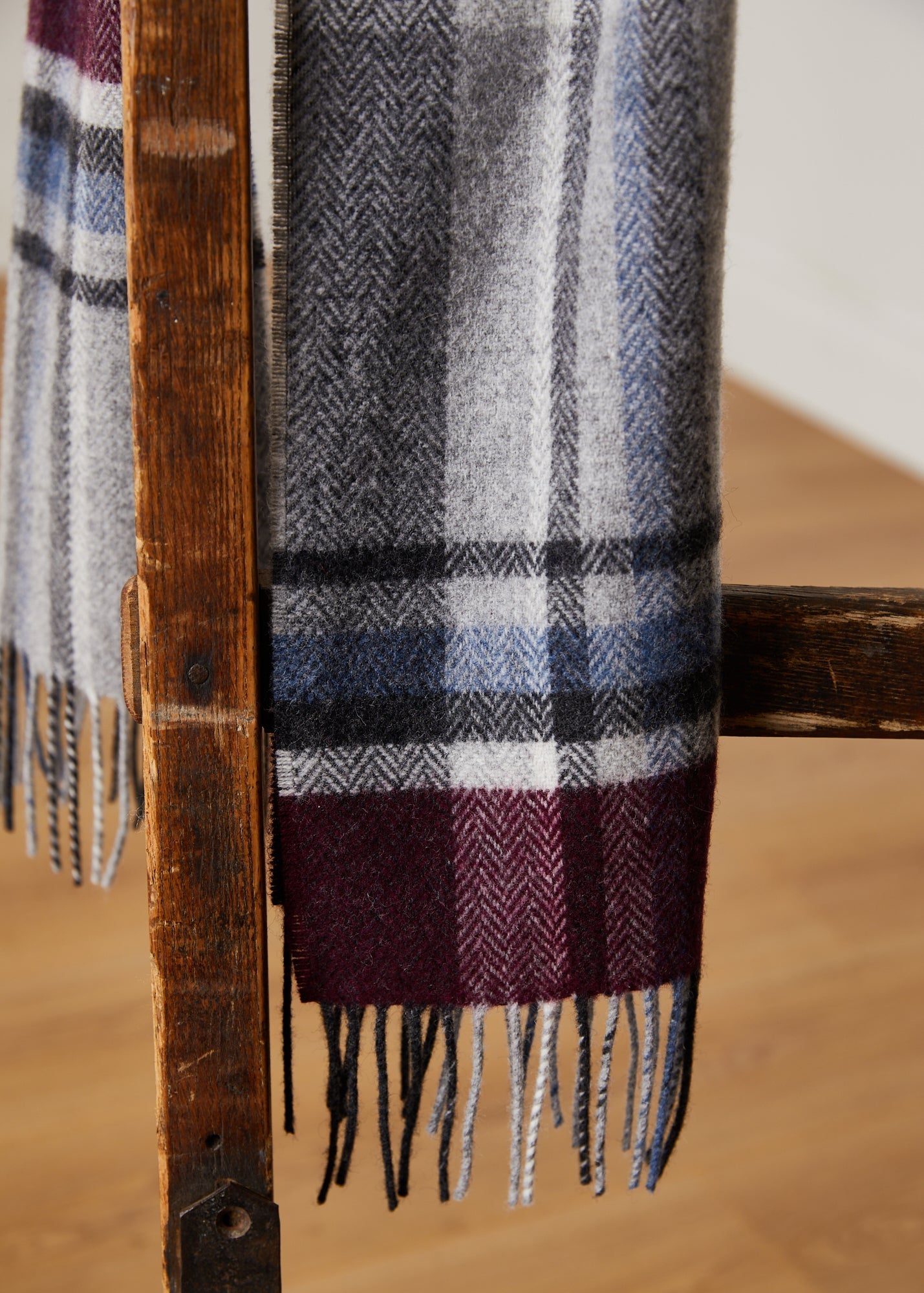 Foxford, Maroon & Grey Tartan Lambswool Scarf Foxford