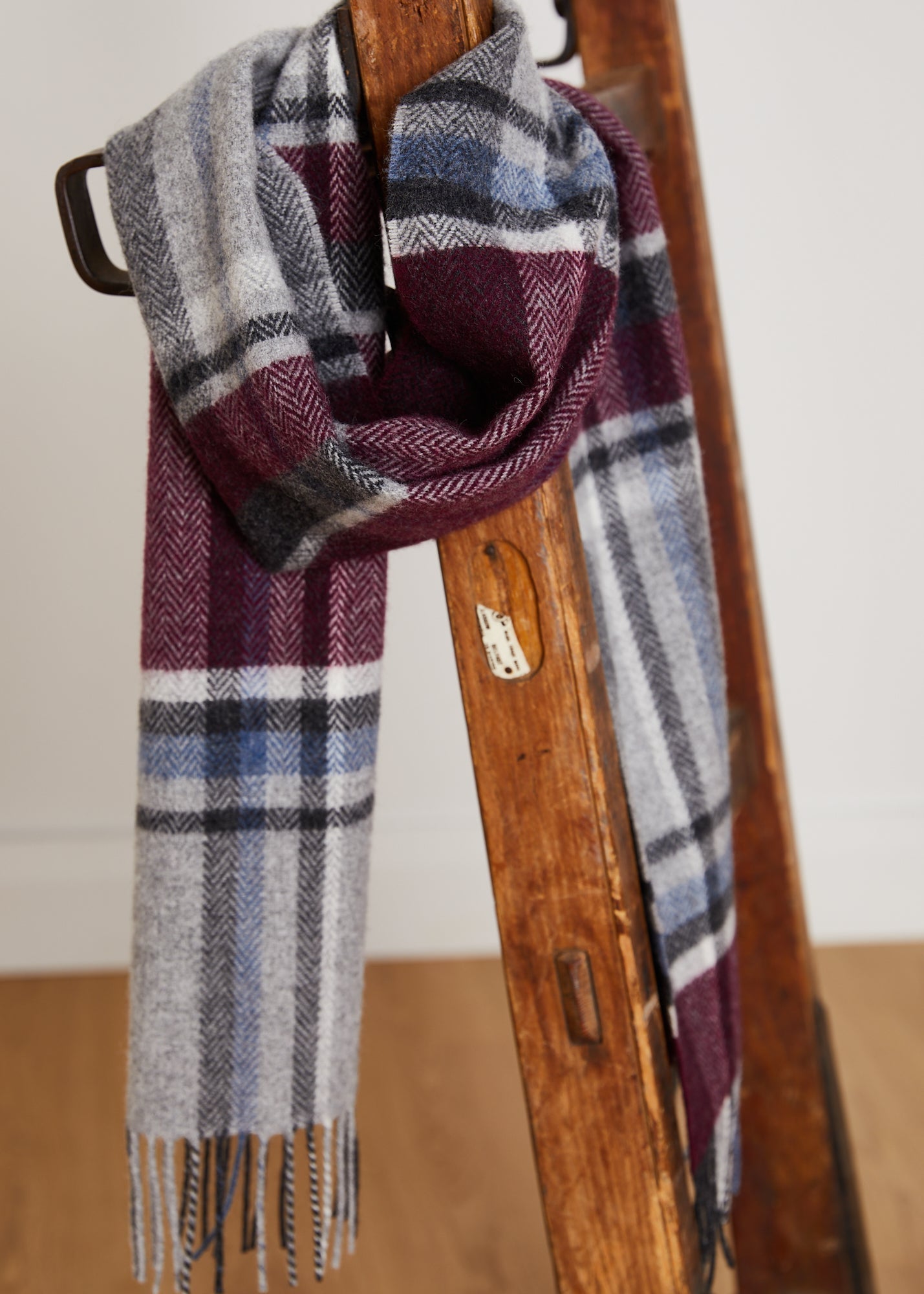 Foxford, Maroon & Grey Tartan Lambswool Scarf Foxford