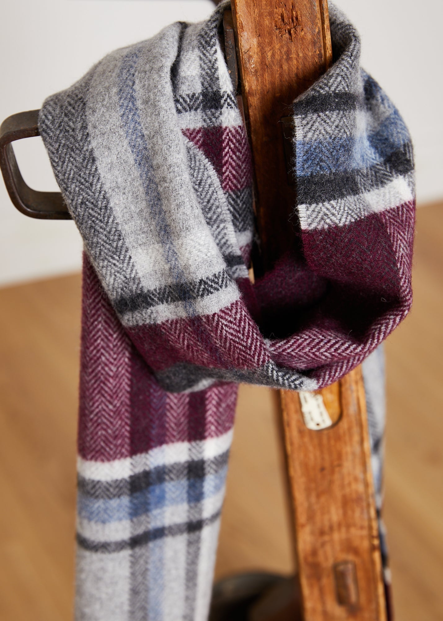 Foxford, Maroon & Grey Tartan Lambswool Scarf Foxford