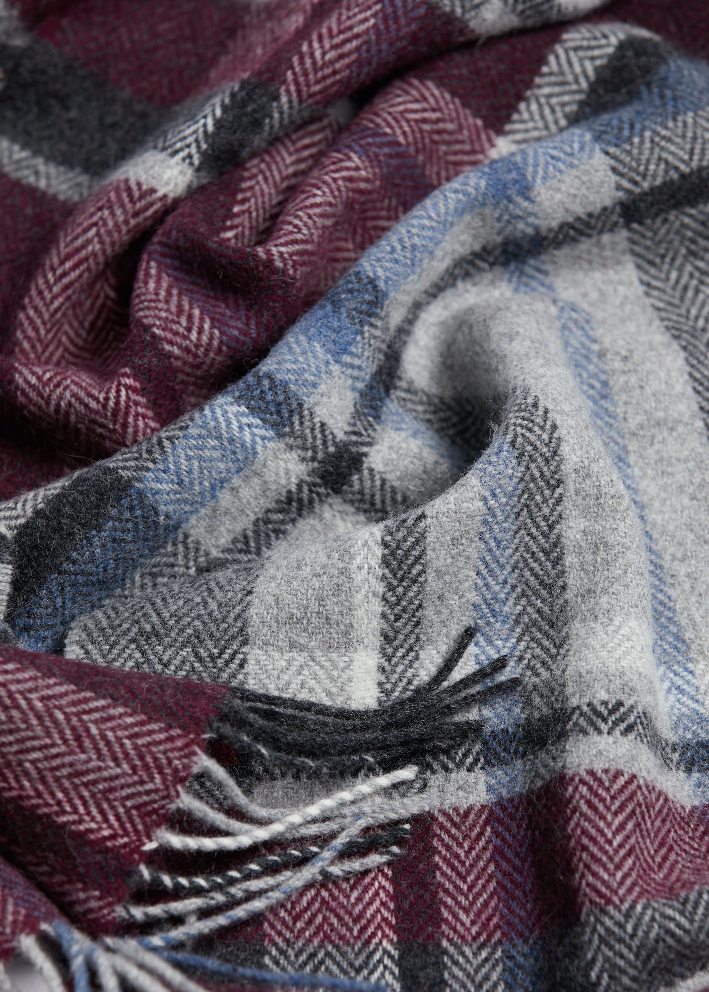 Foxford, Maroon & Grey Tartan Lambswool Scarf Foxford