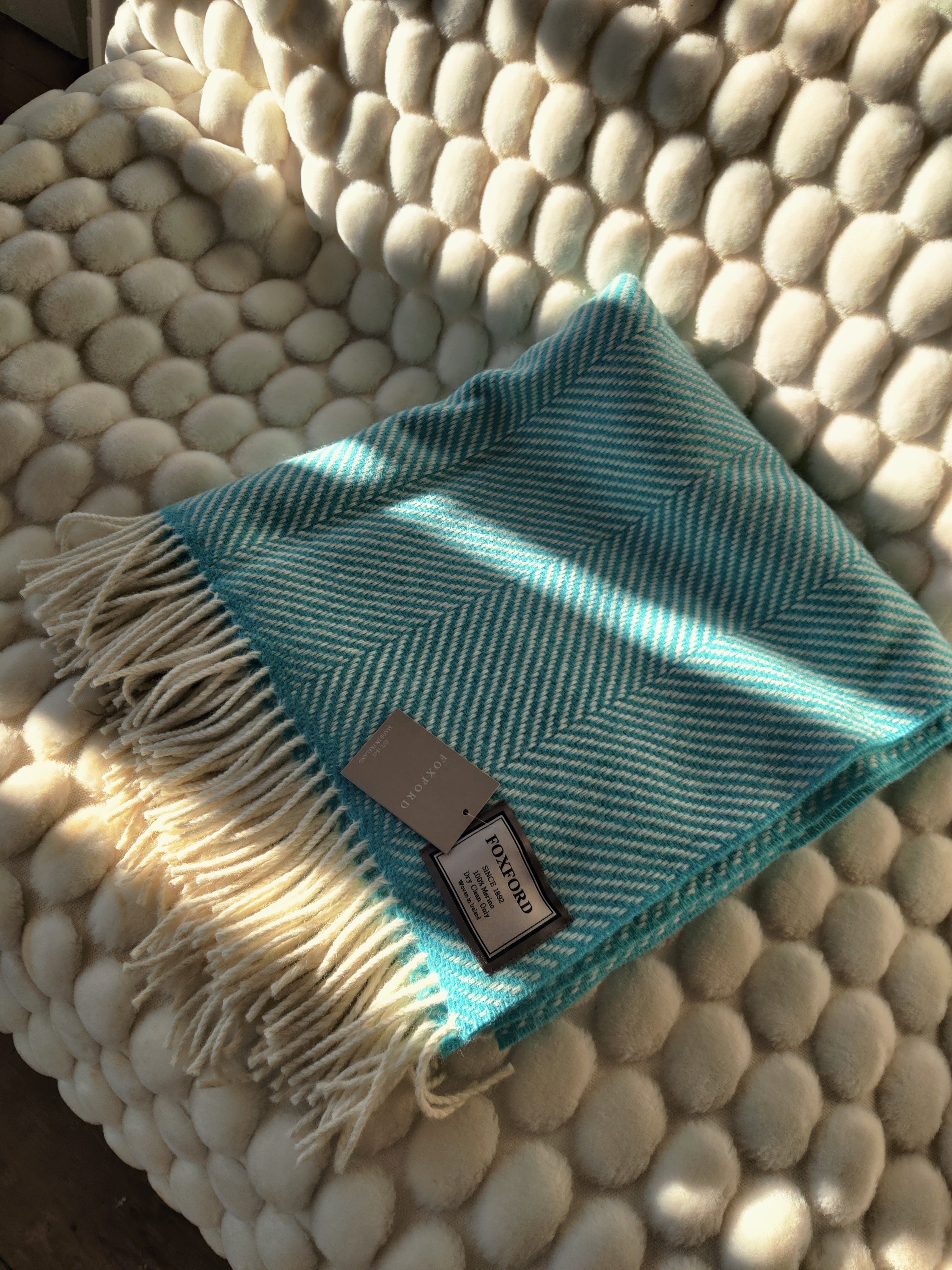 Foxford, White/Mid Turquoise H/B Merino Throw