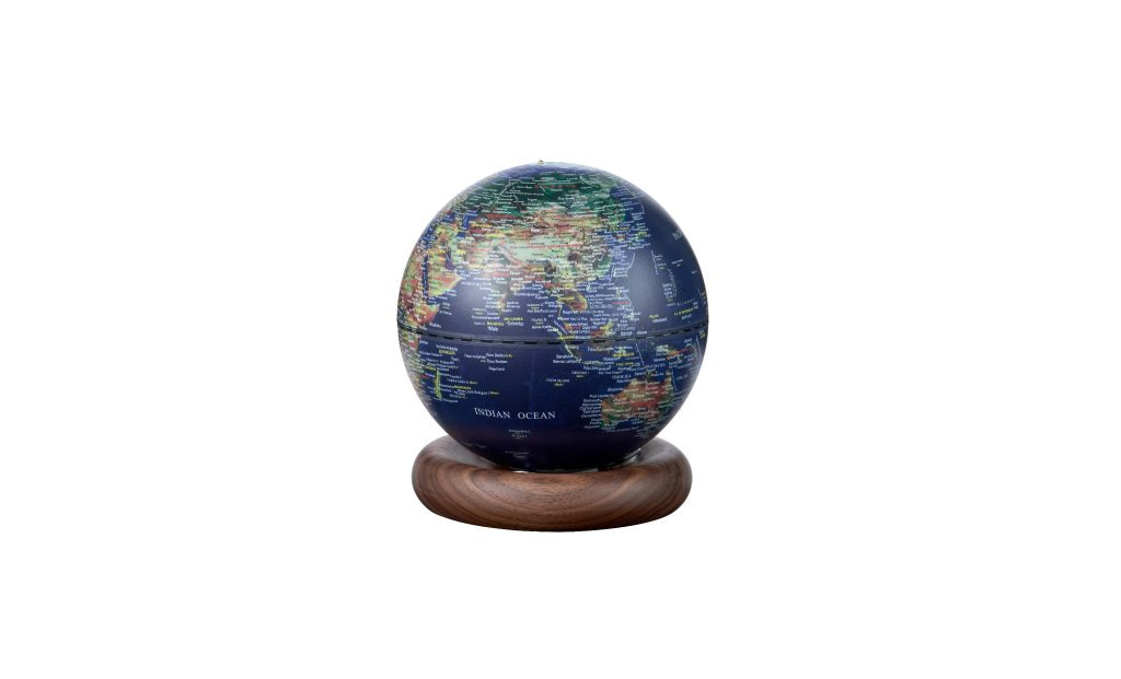 Gingko, Atlas Globe Lamp Dark Blue Mini Walnut Base