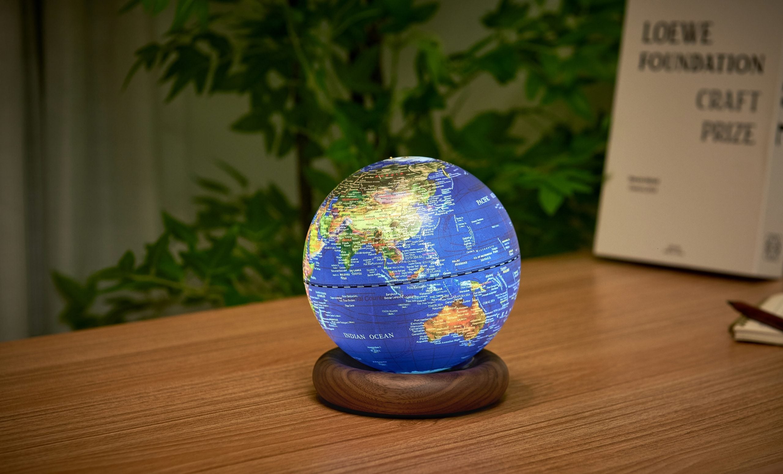 Gingko, Atlas Globe Lamp Dark Blue Mini Walnut Base