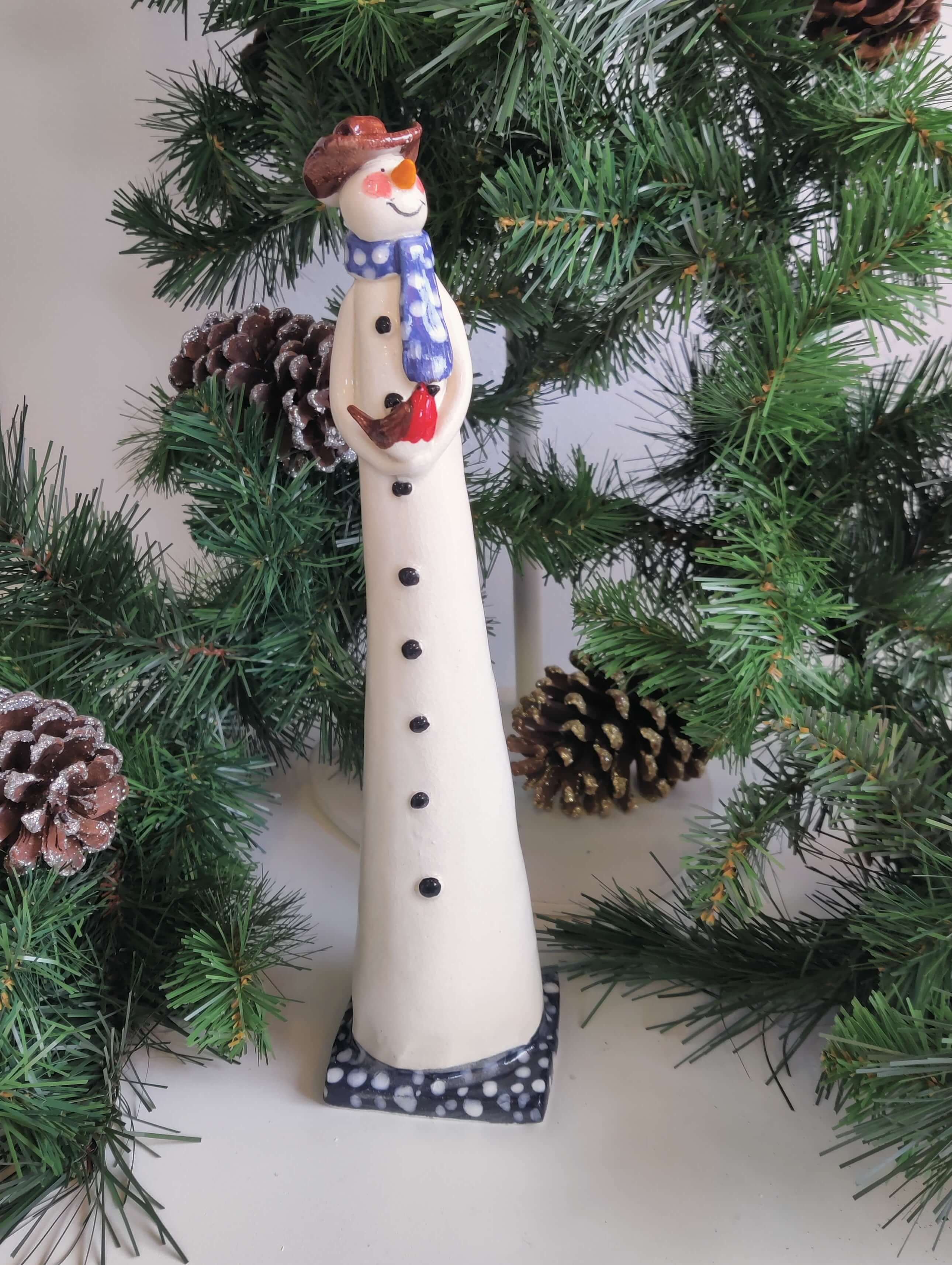 Joanne Robey, Snowman Blue Polka Scarf holding Robin