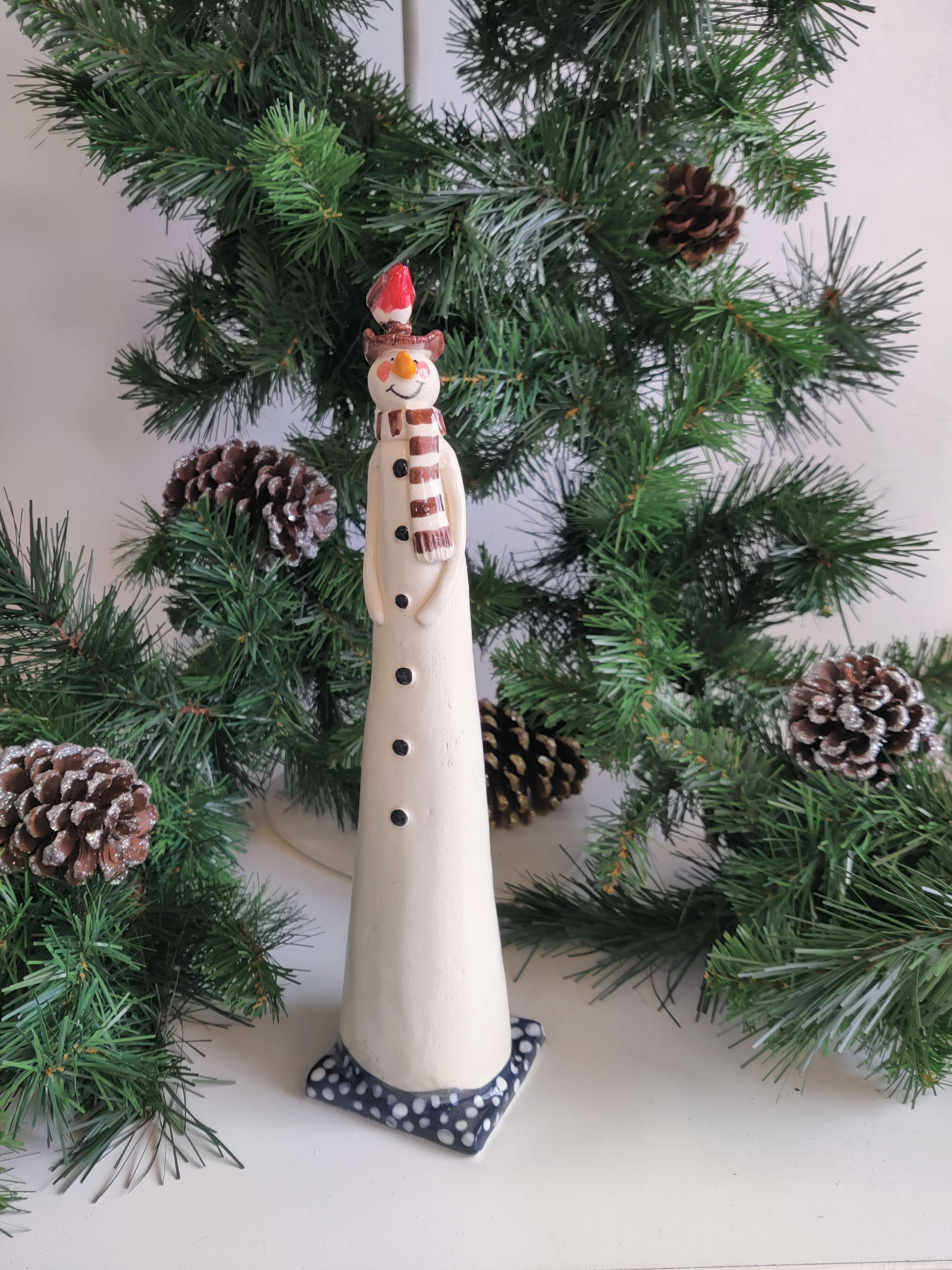 Joanne Robey, Snowman Brown Striped Scarf with Robin on his head