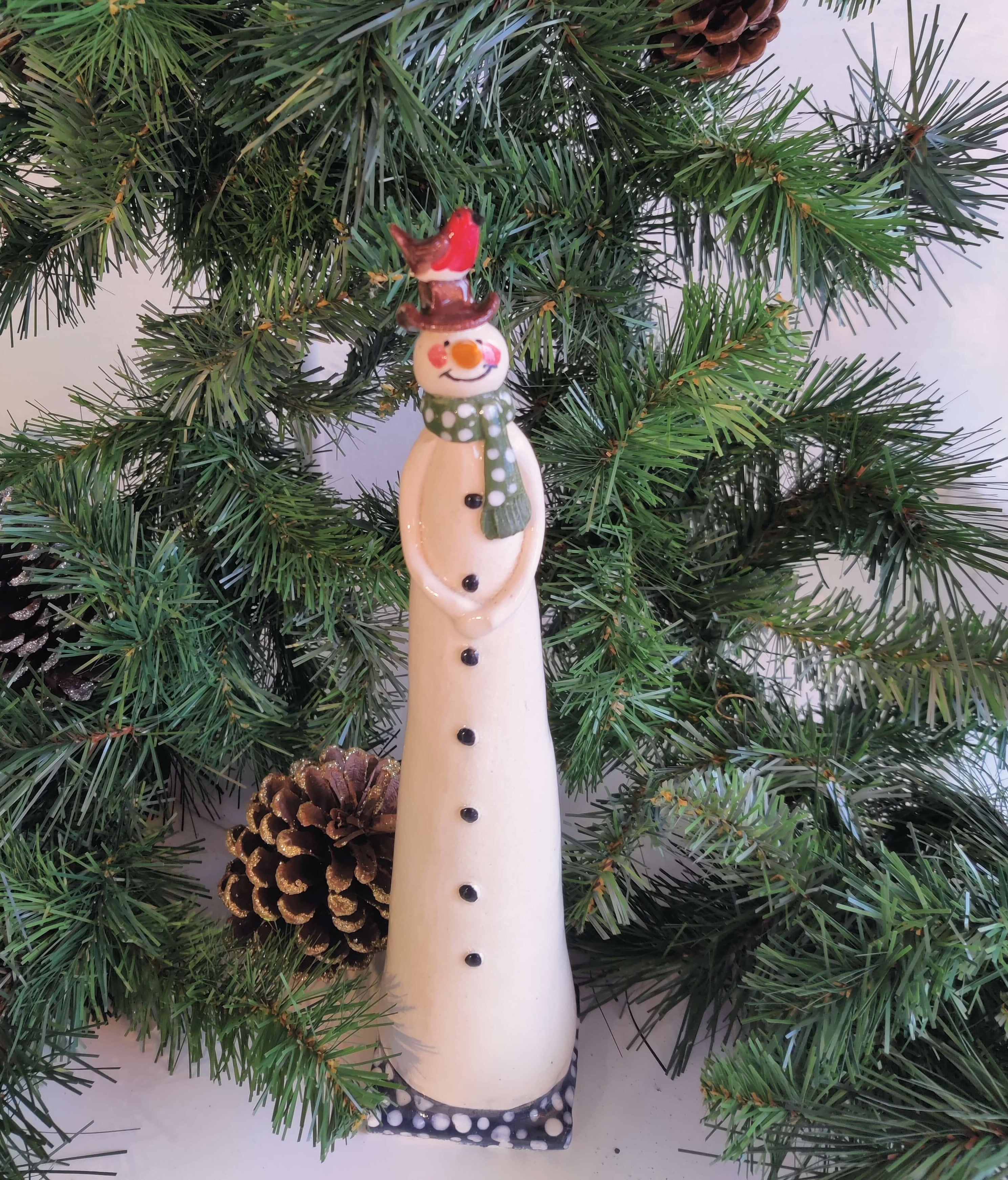 Joanne Robey, Snowman Green Polka Scarf with a Robin on his head *For Click and Collect only*