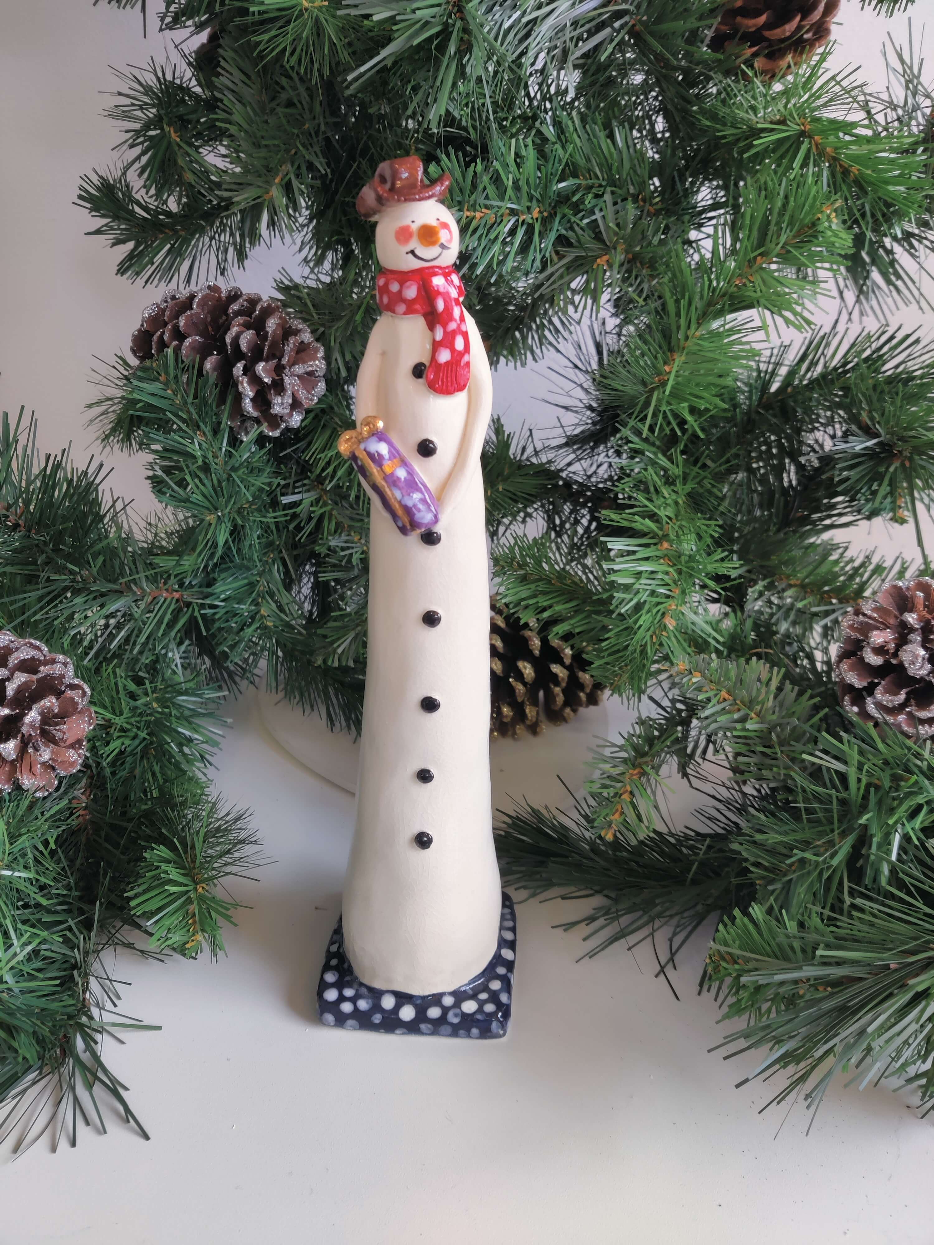 Joanne Robey, Snowman Red Polka Dot Scarf holding a Purple Gift