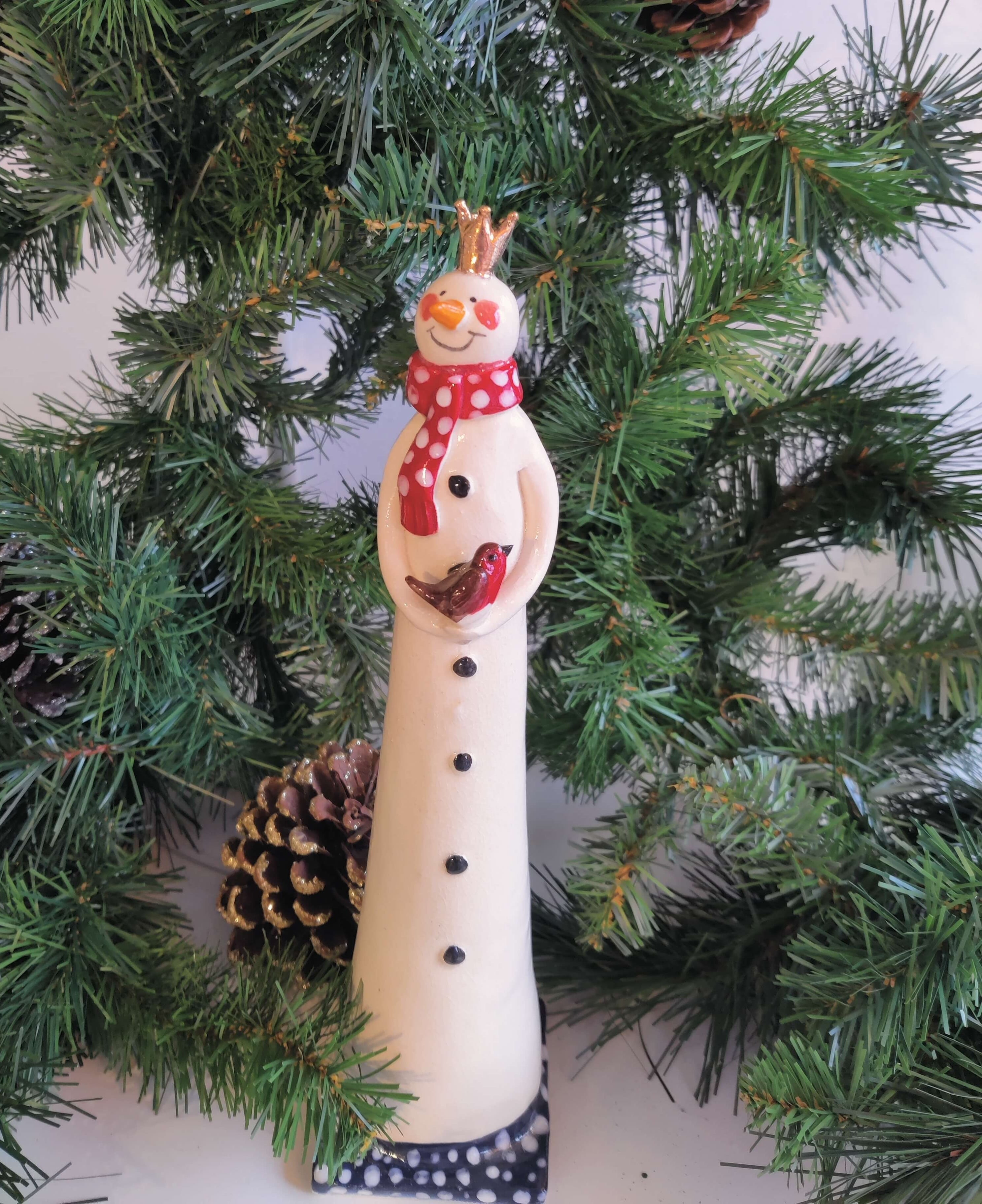 Joanne Robey, Snowman Red Polka Dot Scarf with a Golden Crown and Holding a Robin