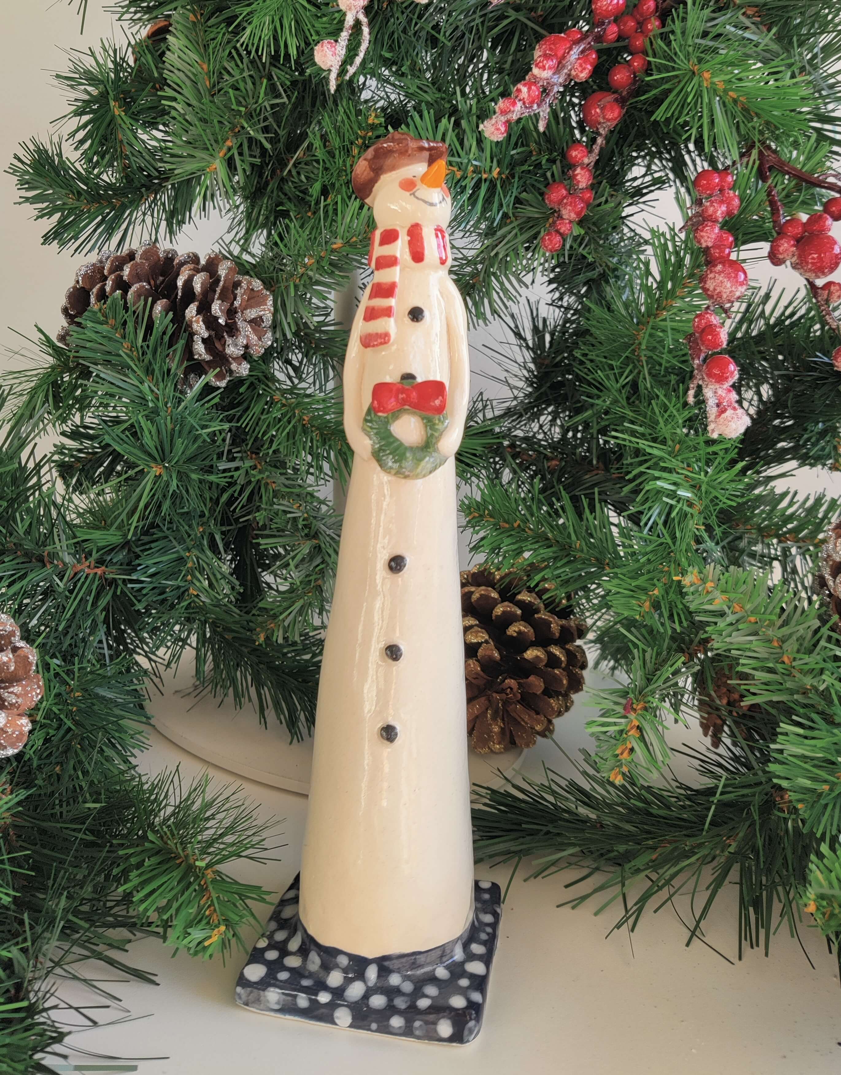 Joanne Robey, Snowman Red Stripe Scarf holding a Wreath *For Click and Collect only*