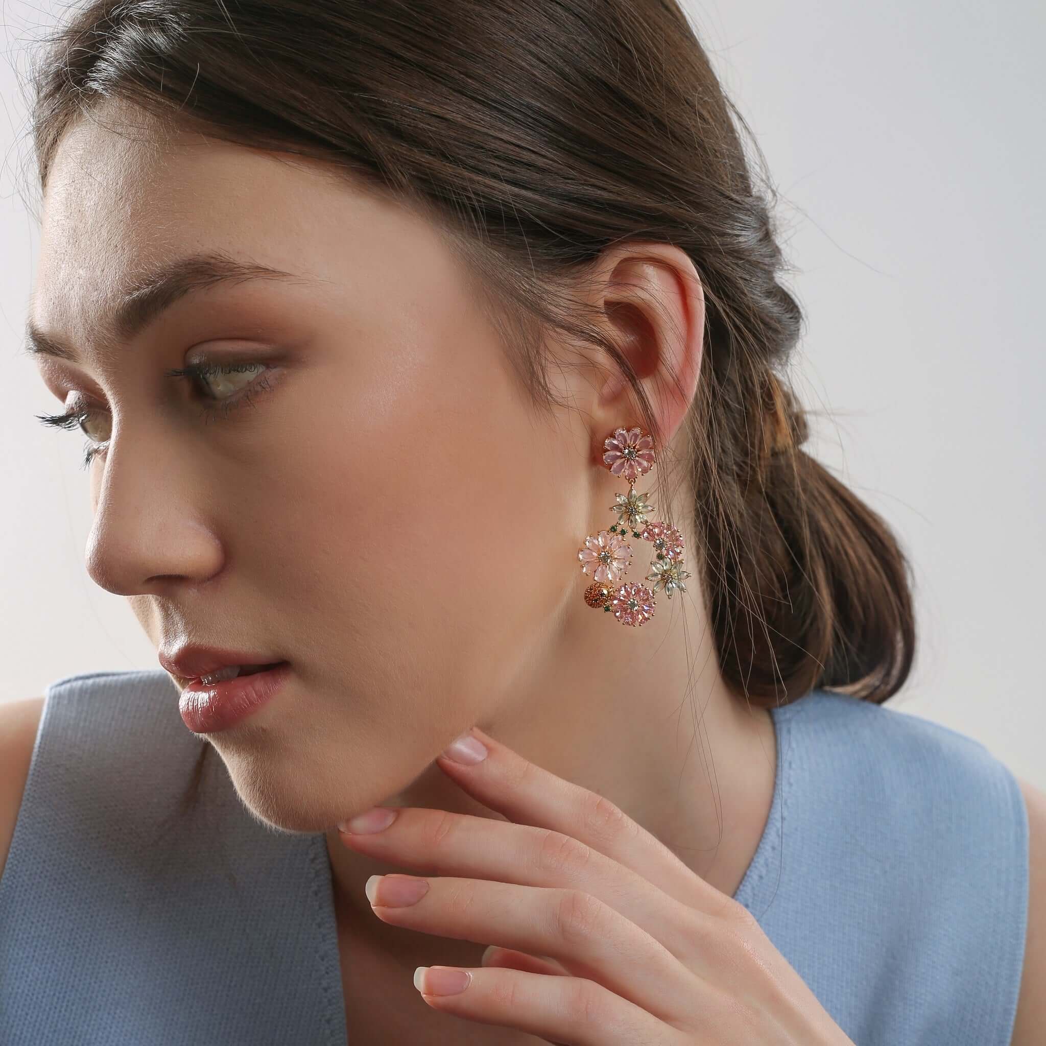 Newbridge, Gold Plated Pink & Green Floral Drop Earrinags