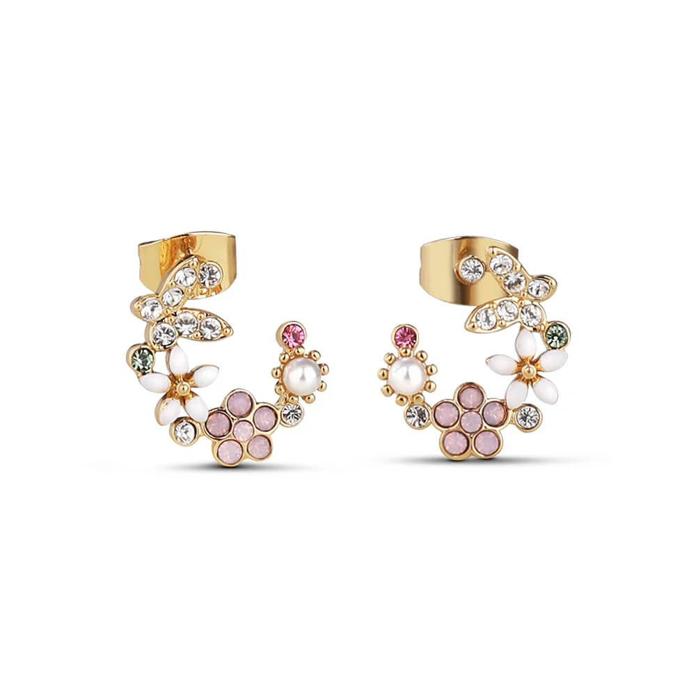 Newbridge, Gold Plated Pink & Green Floral Butterfly Earrings