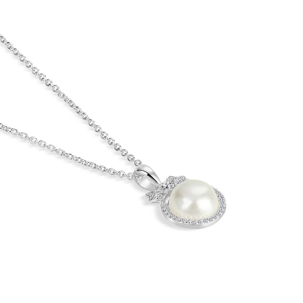 Newbridge, Silver Plated Pearl Pendant with Clear Stones