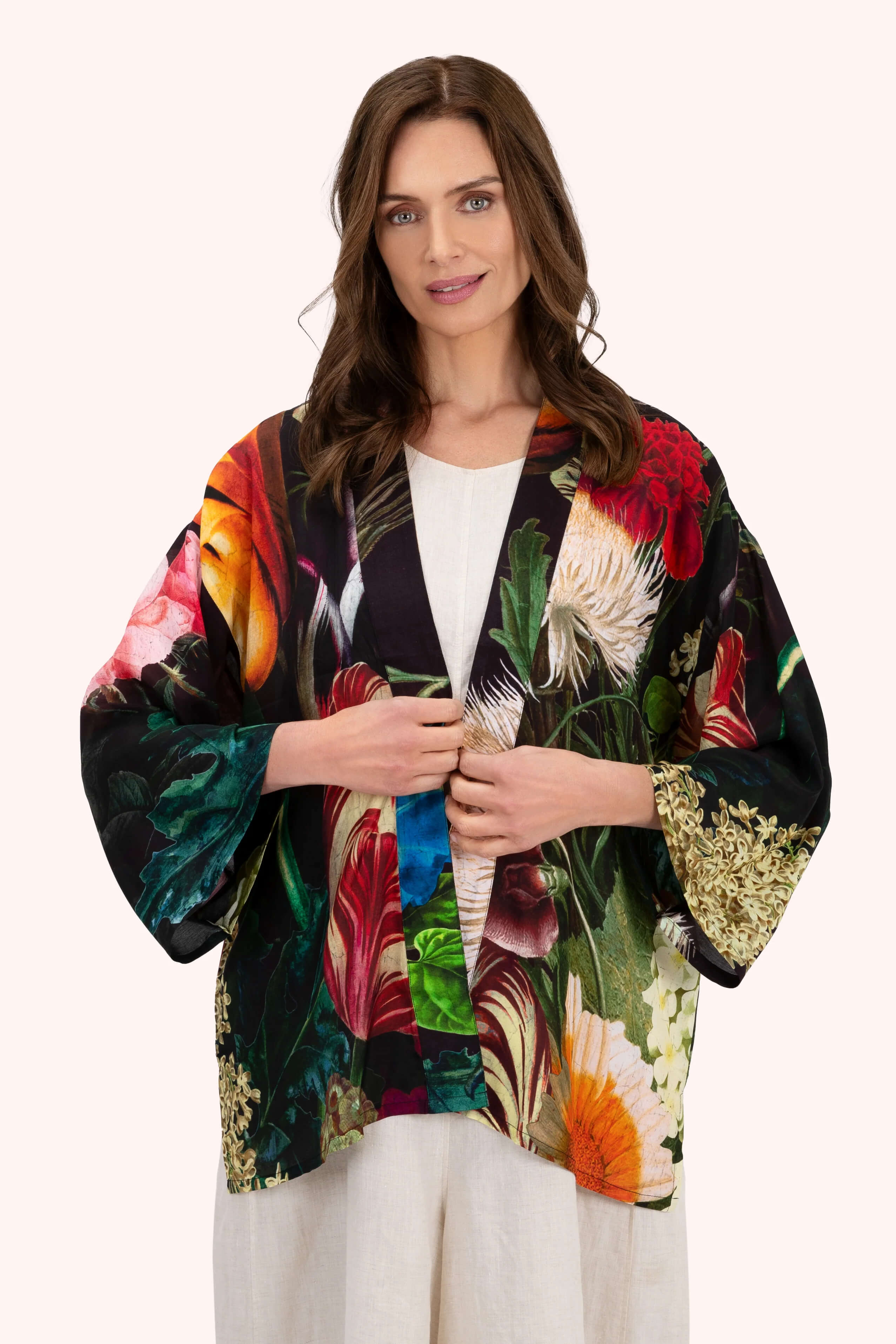 Powder, Opulant Florals Mid-length Kimono - Chocolate