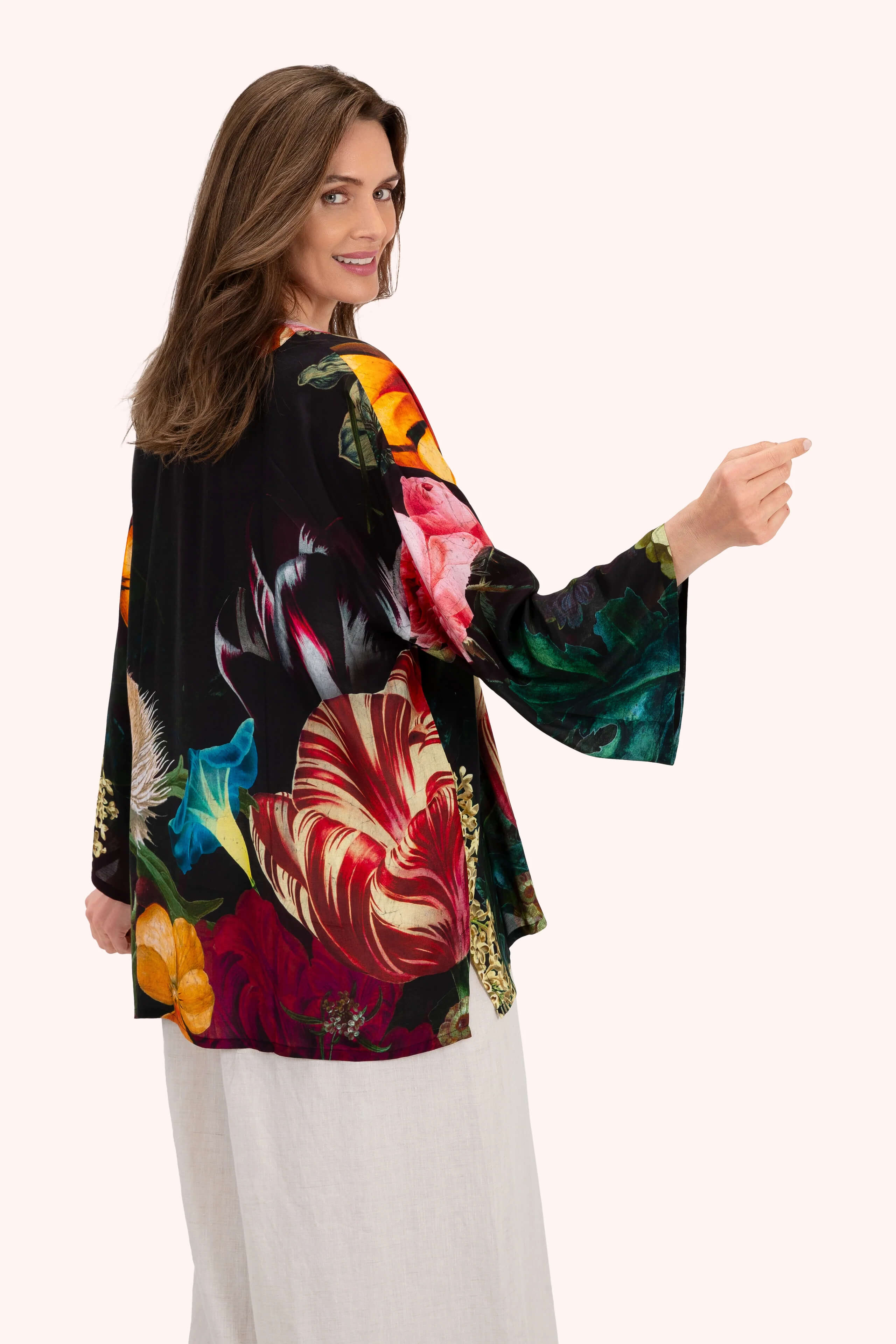 Powder, Opulant Florals Mid-length Kimono - Chocolate