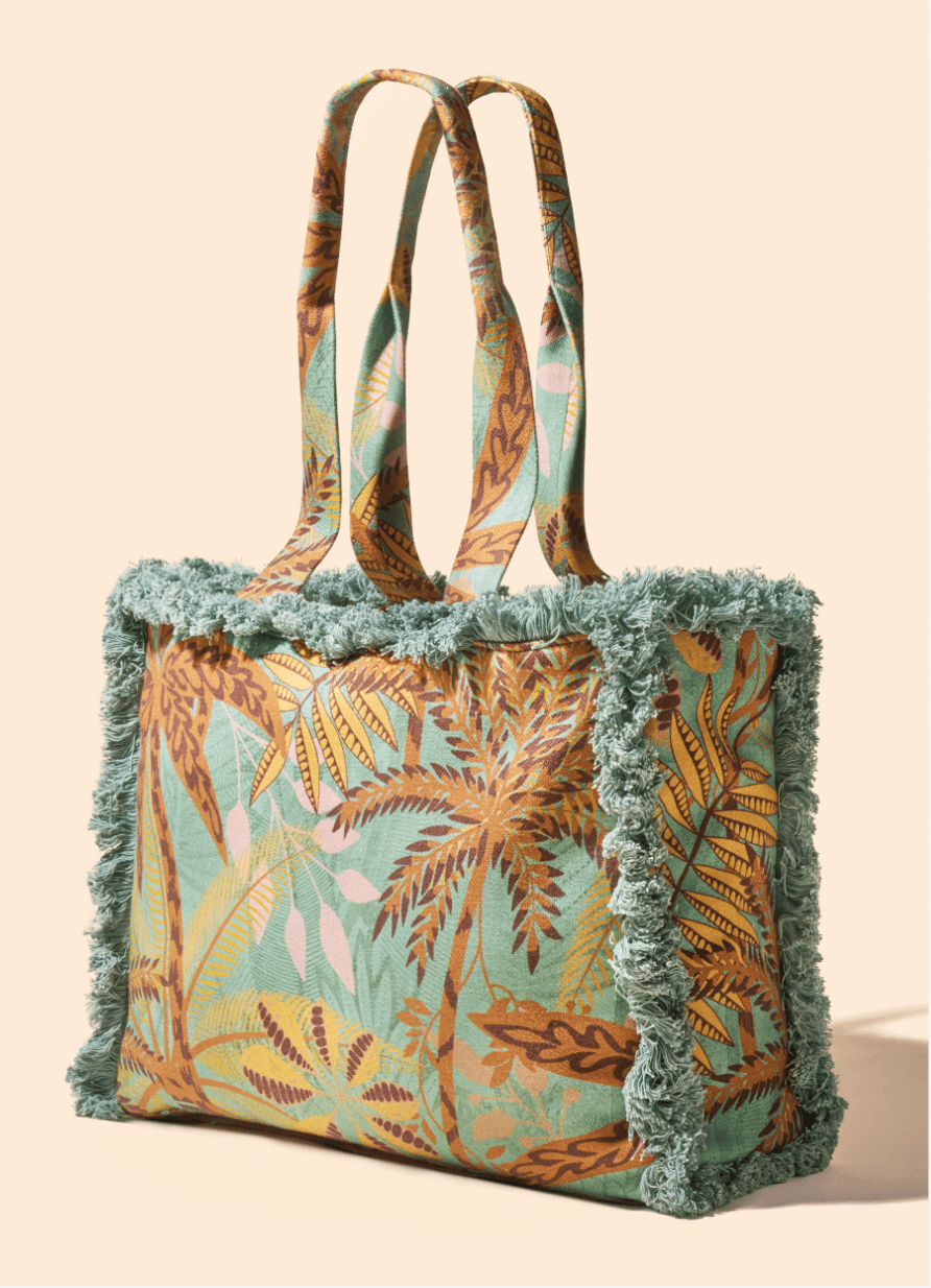 Powder, Patterned Palms Fringed Box Tote Bag Powder