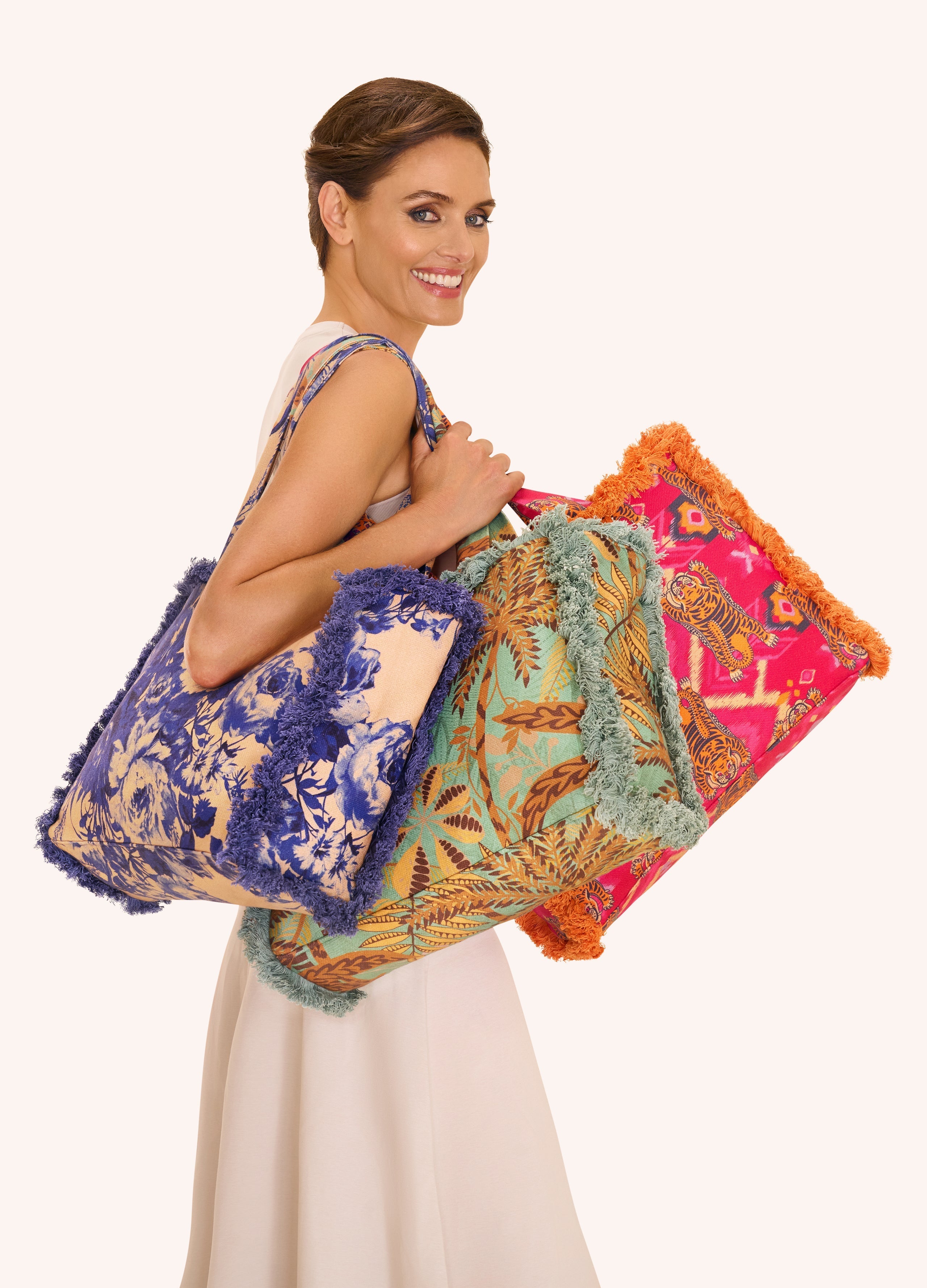 Powder, Patterned Palms Fringed Box Tote Bag Powder