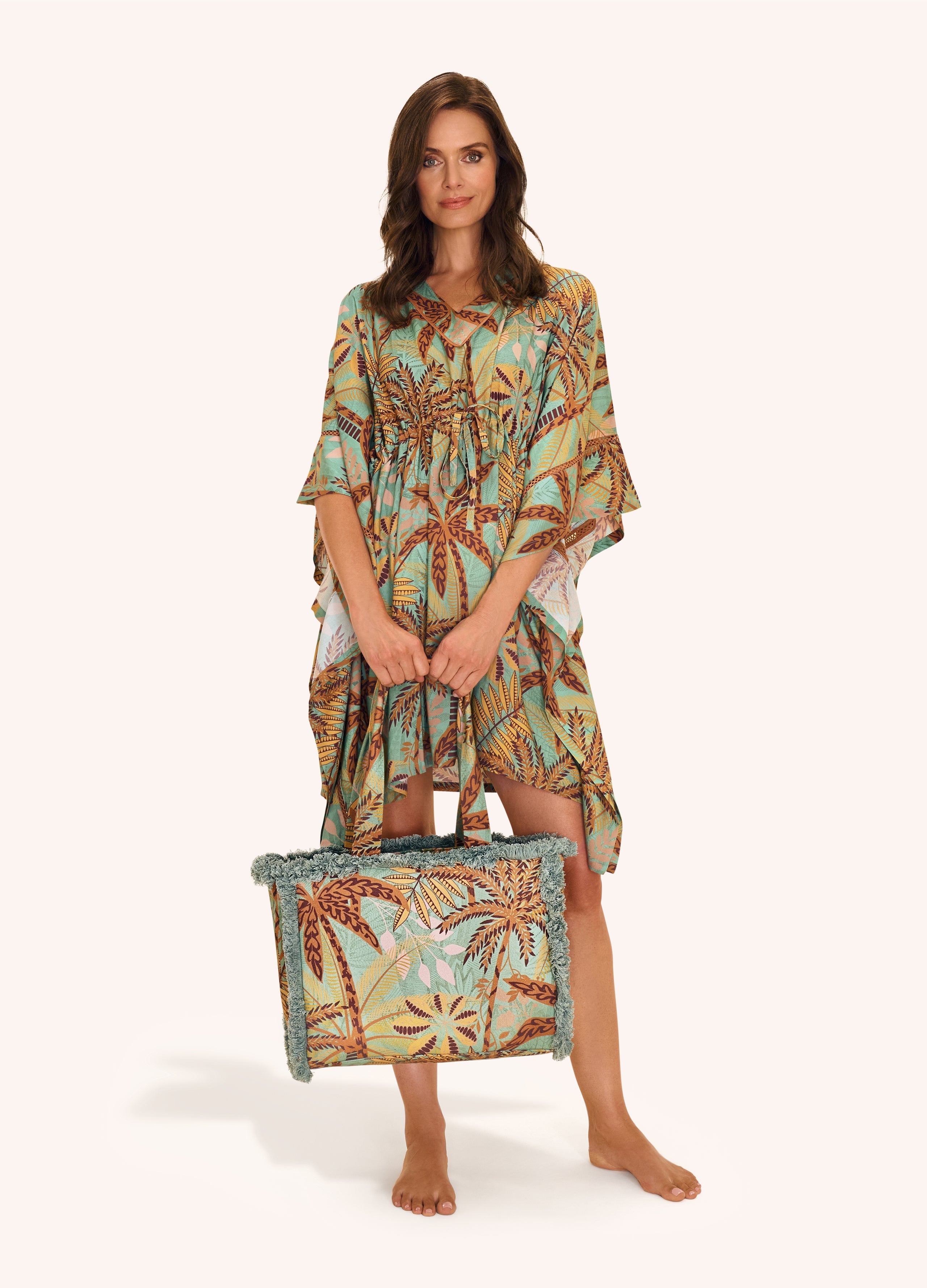 Powder, Patterned Palms Fringed Box Tote Bag Powder