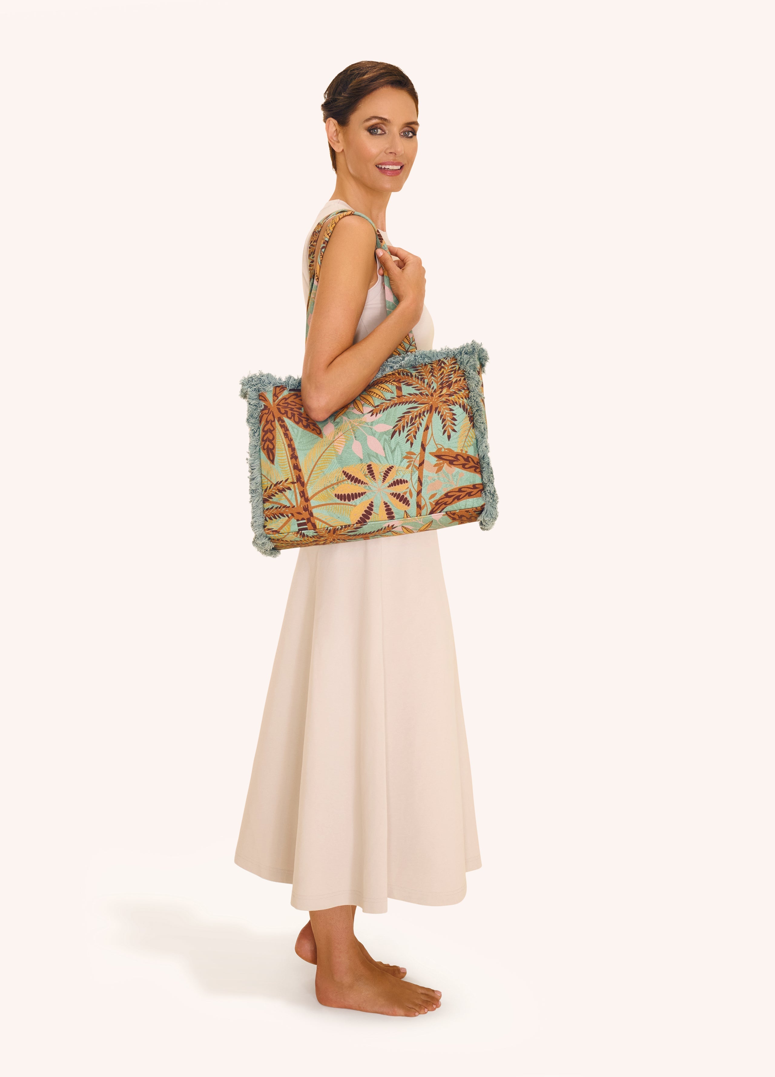 Powder, Patterned Palms Fringed Box Tote Bag Powder