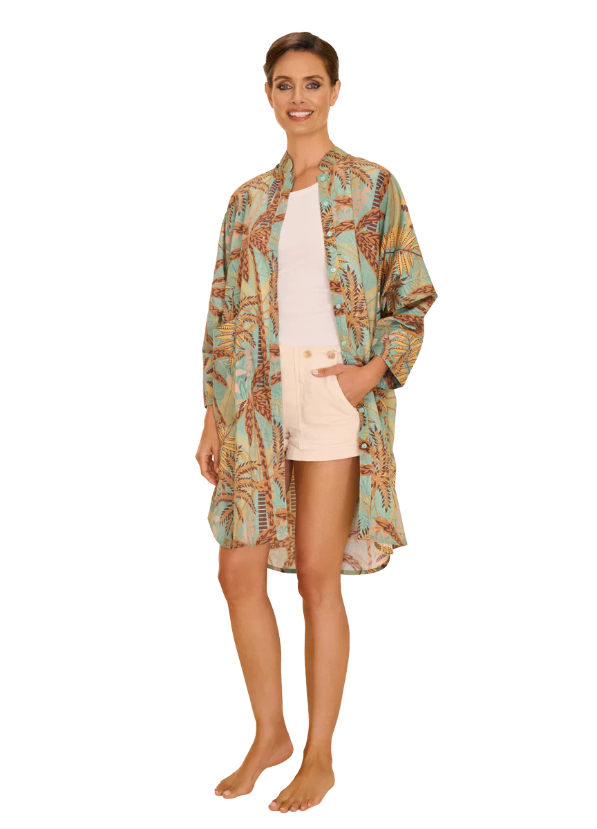 Powder, Patterned Palms Oversized Shirt Dress Powder