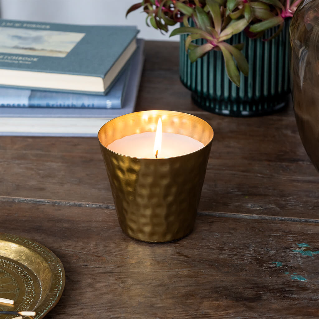 Scented Candle Gold Tone Hammered Metal