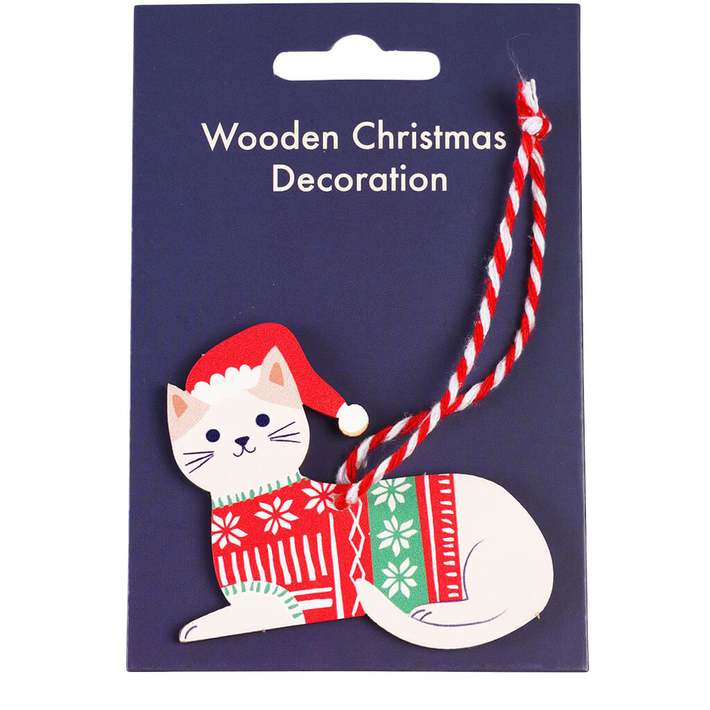 Wooden Hanging Christmas Decoration White Cat