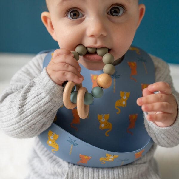 Ziggle, Wooden Teether And Rattle - Blue/Grey