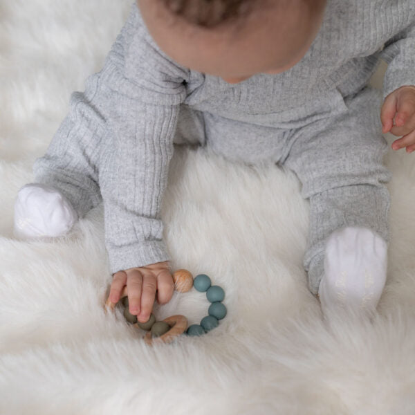 Ziggle, Wooden Teether And Rattle - Blue/Grey