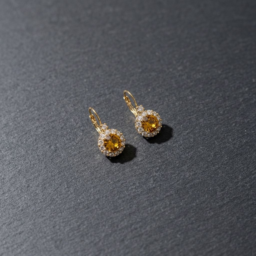 Pair of dainty gold-toned drop earrings with mustard centers and crystal halos resting on a matte slate surface.