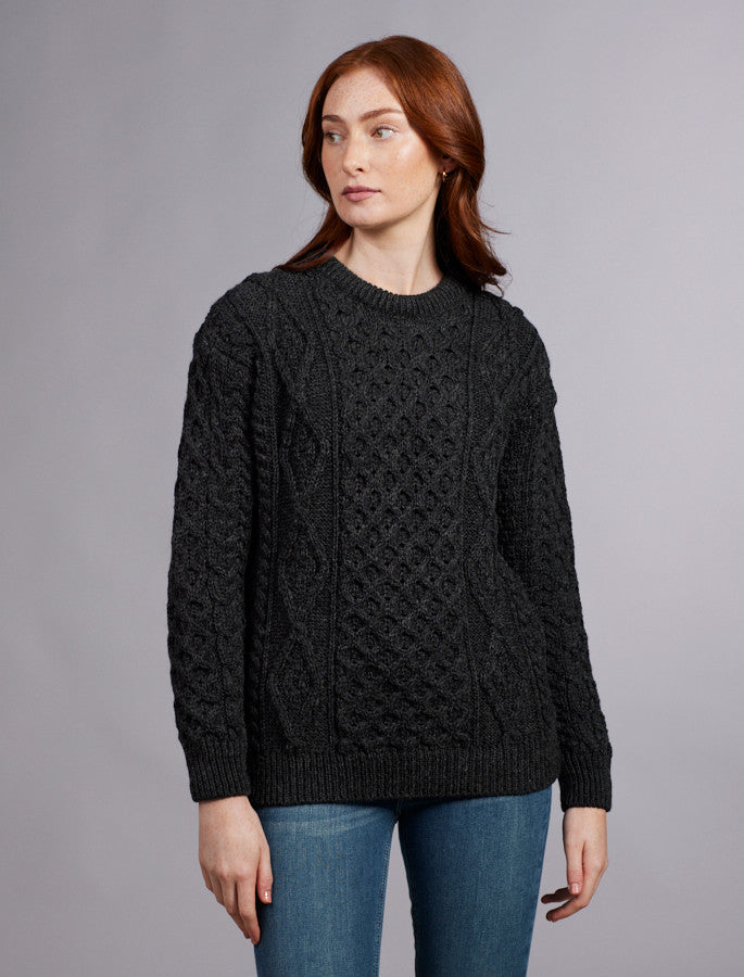 Womens Traditional Aran Wool Neck Sweater -Charcoal