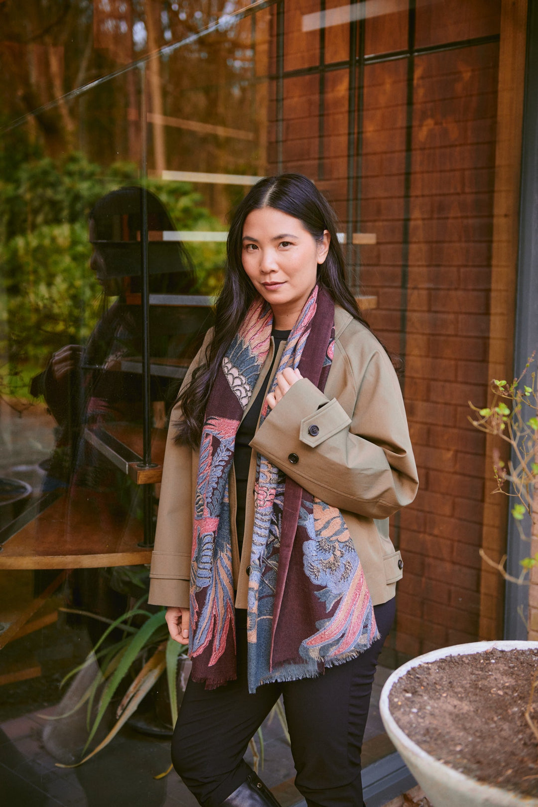 One Hundred Stars, Crane Plum Wool Scarf One Hundred Stars