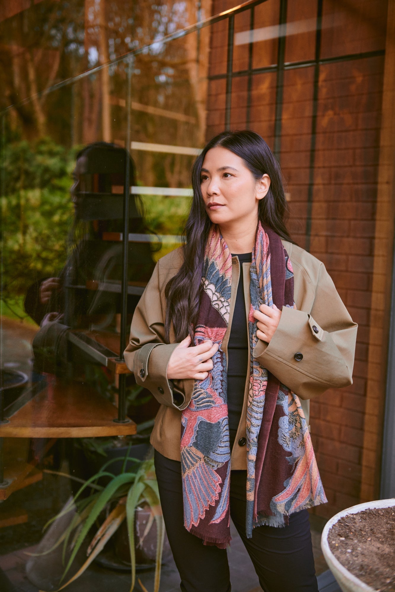 One Hundred Stars, Crane Plum Wool Scarf One Hundred Stars