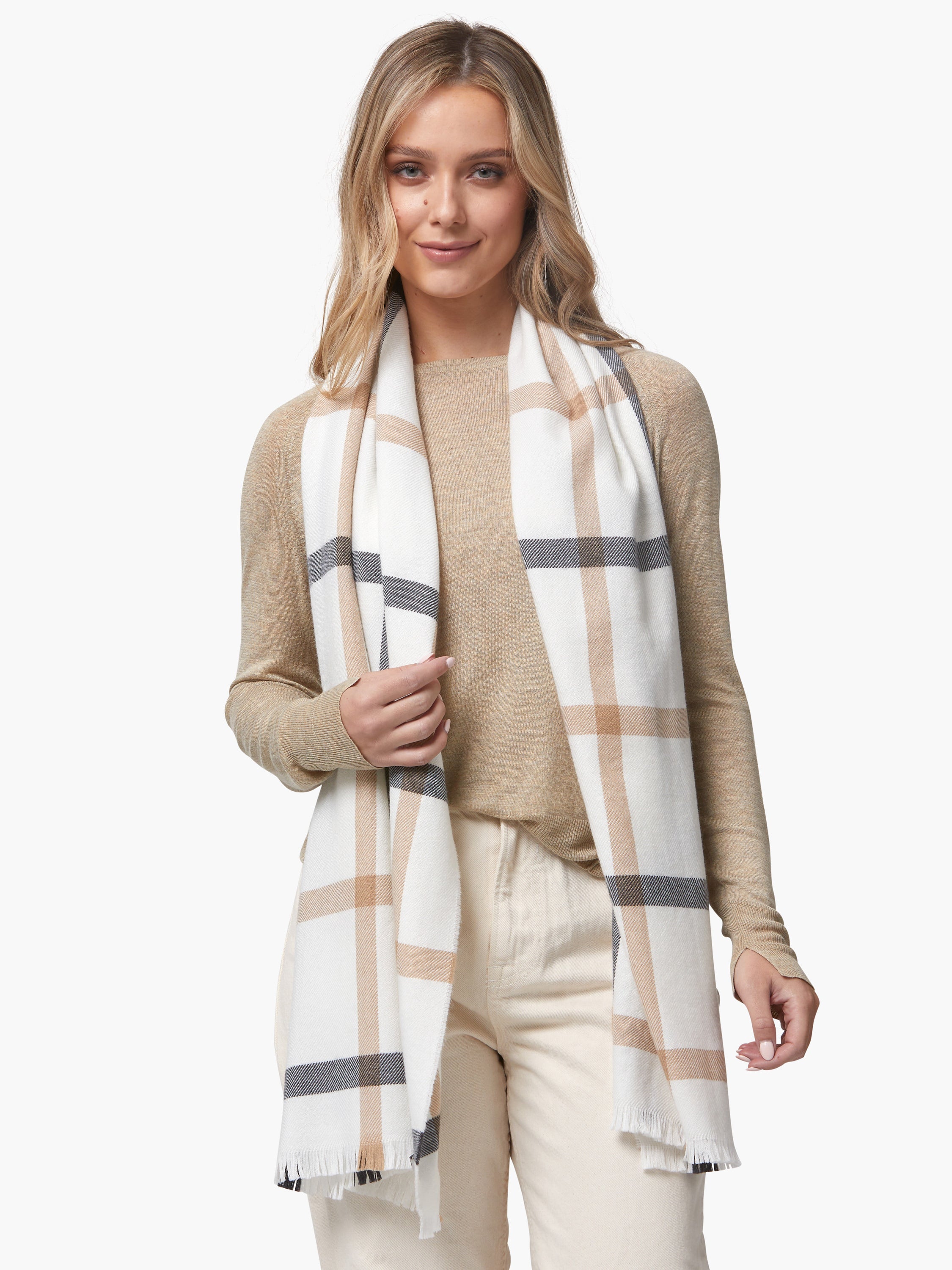 Foxford, White Neutral Stripe Extra Fine Merino Scarf