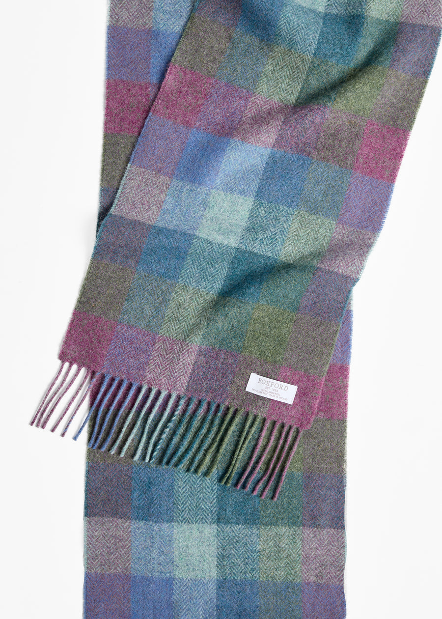 Foxford, Damask Green Turquoise Check Lambswool scarf