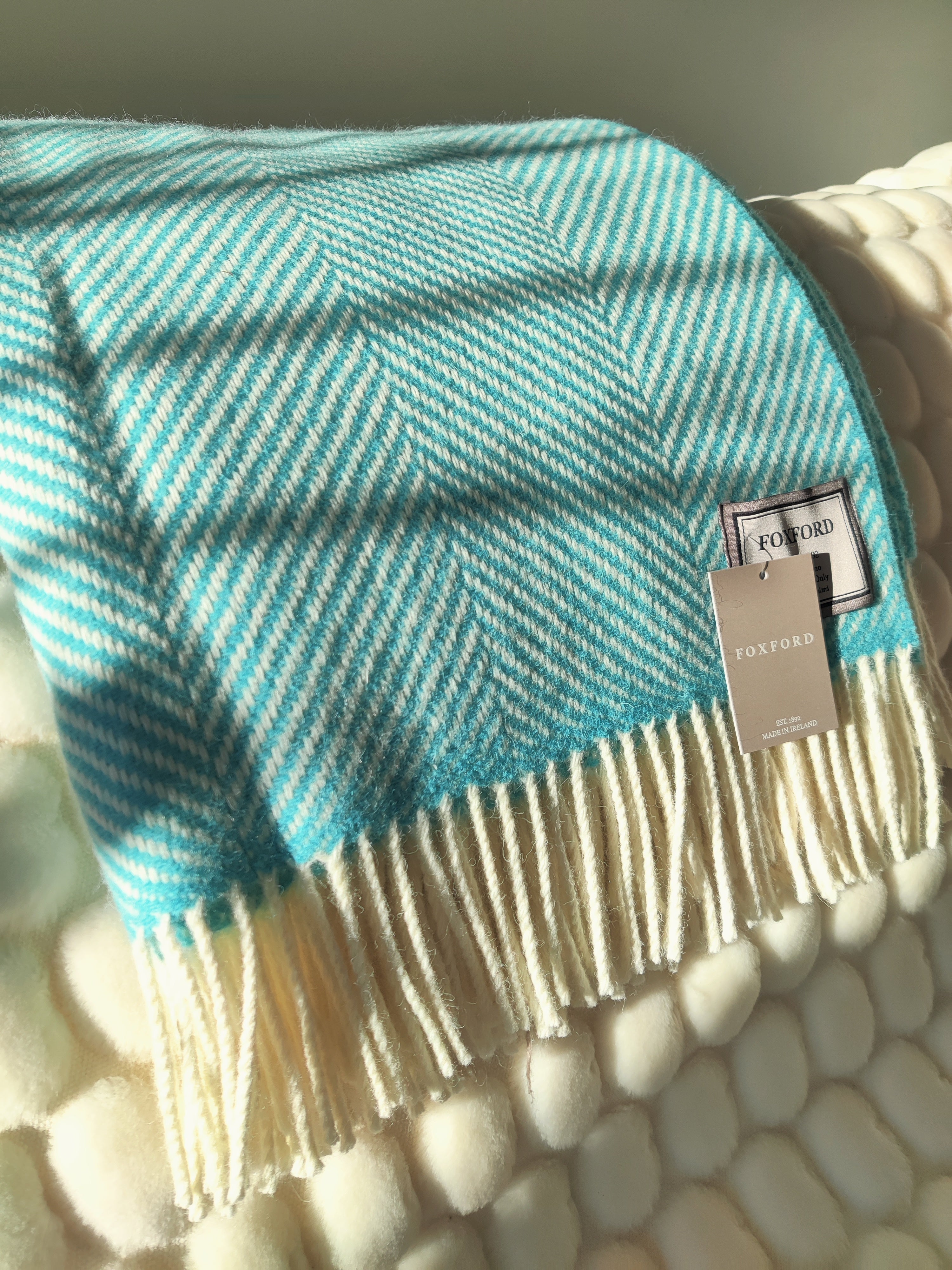 Foxford, White/Mid Turquoise H/B Merino Throw