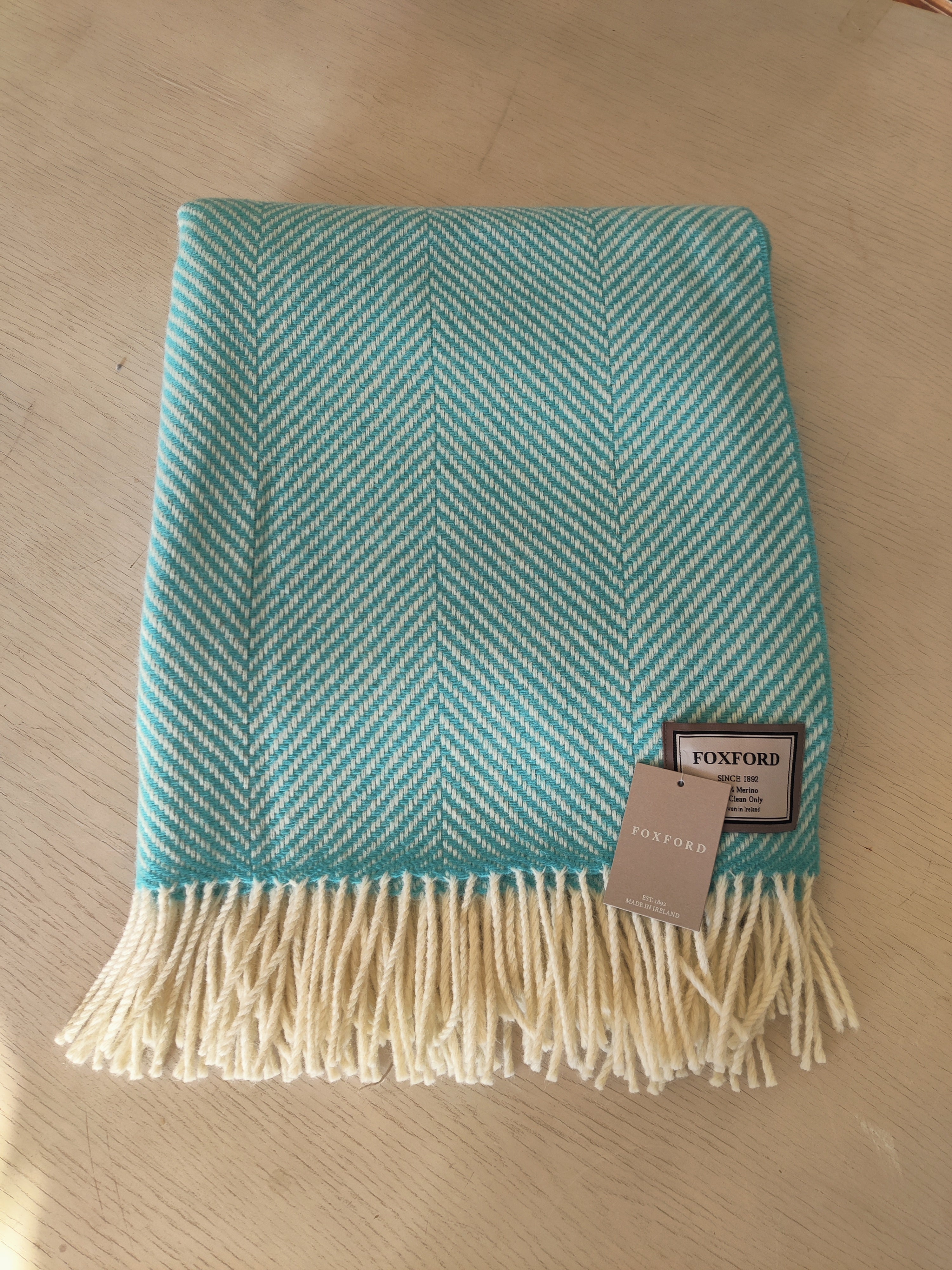 Foxford, White/Mid Turquoise H/B Merino Throw