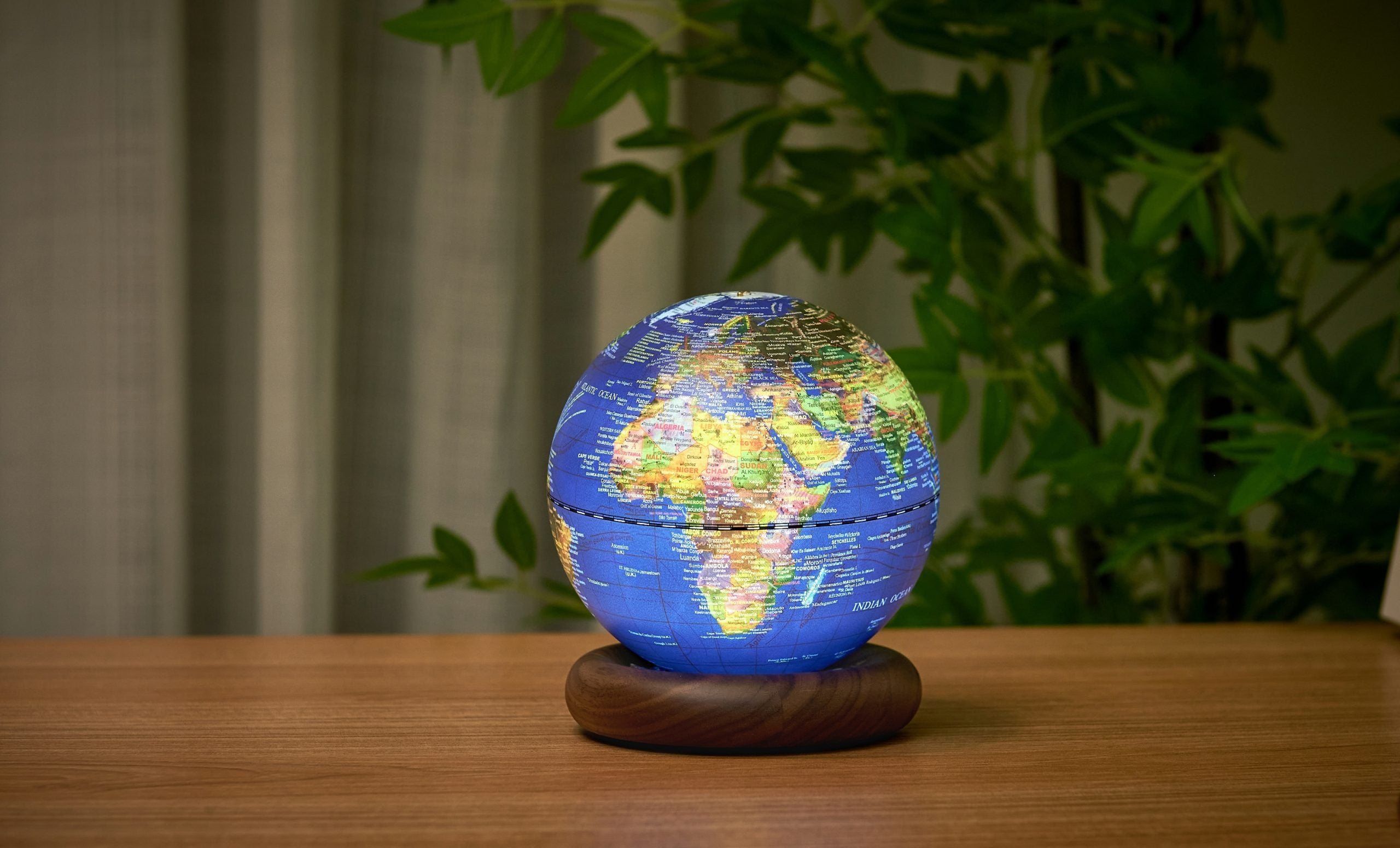 Gingko, Atlas Globe Lamp Dark Blue Mini Walnut Base
