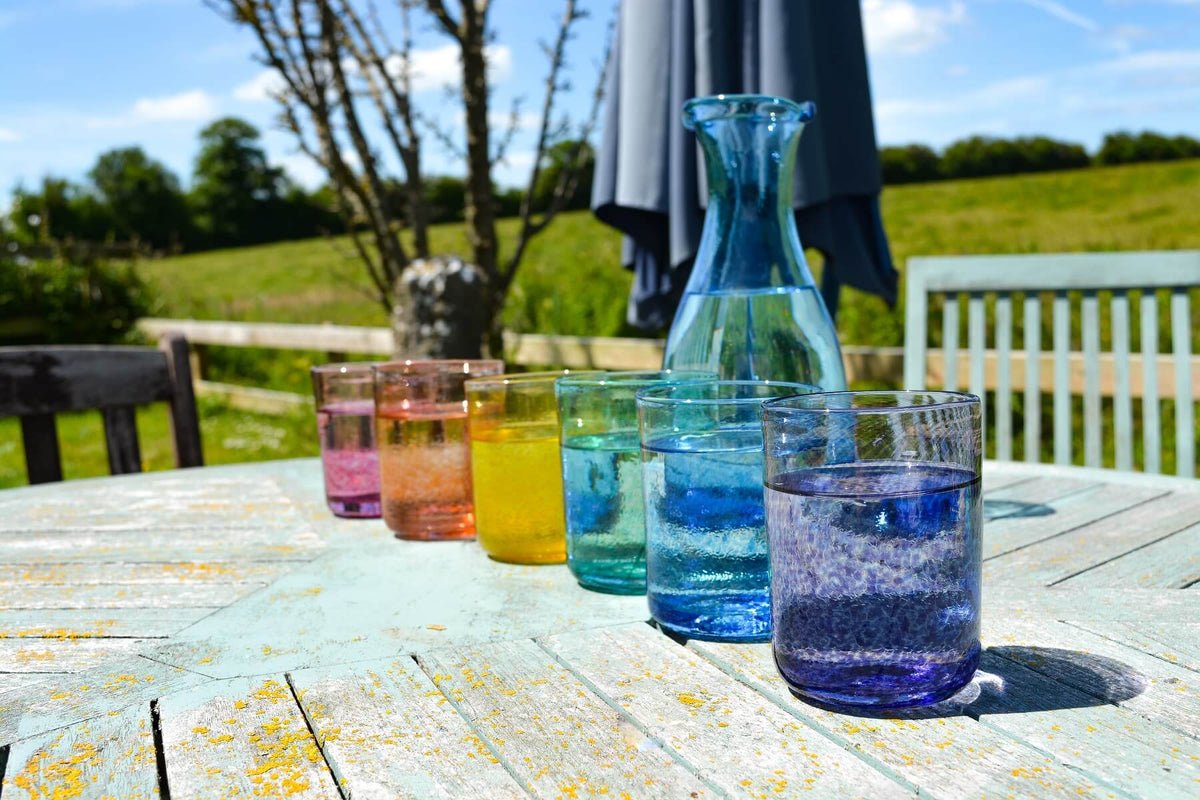 Jerpoint Glass, Set of Pourer Blue And 6 Beakers Jerpoint Glass