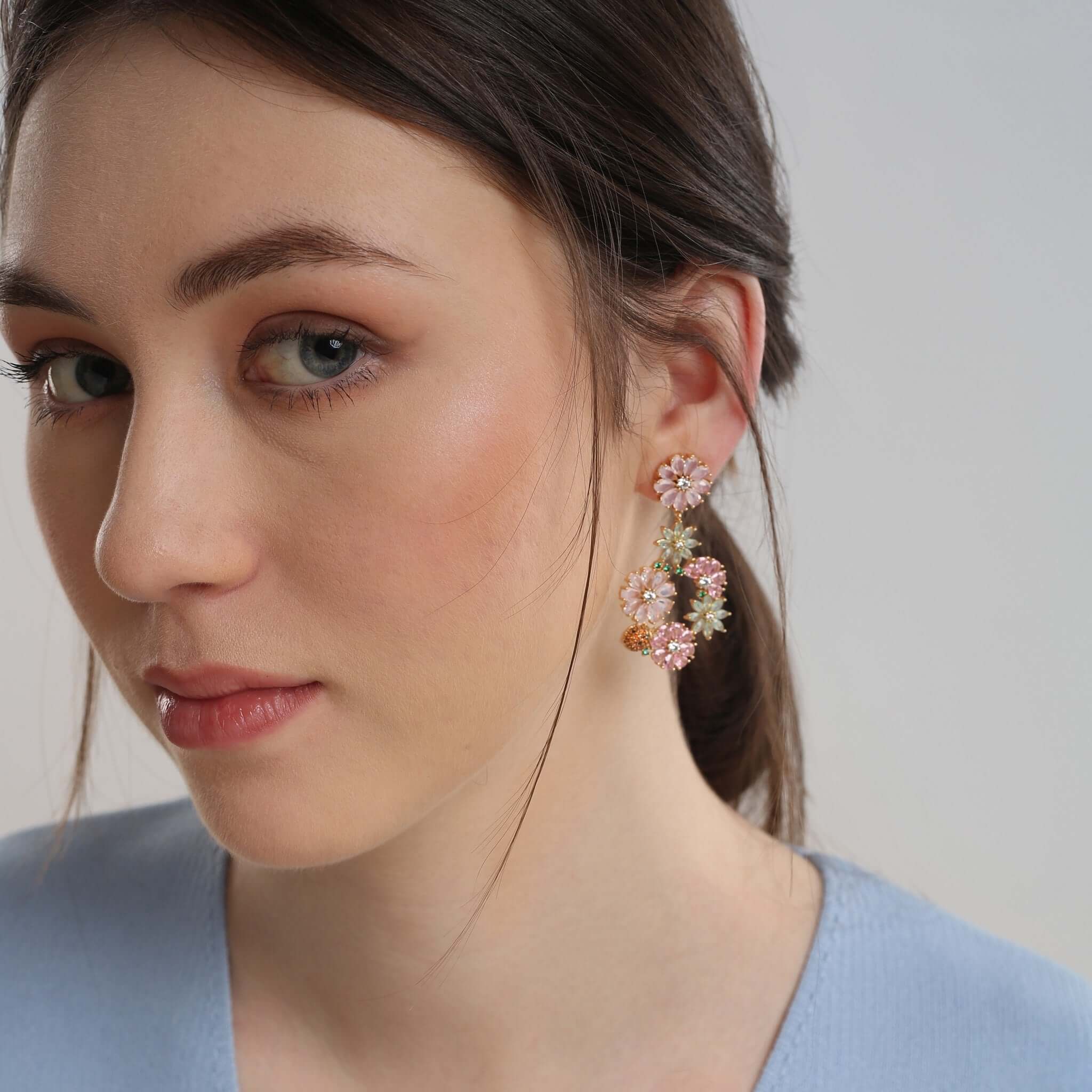Newbridge, Gold Plated Pink & Green Floral Drop Earrinags