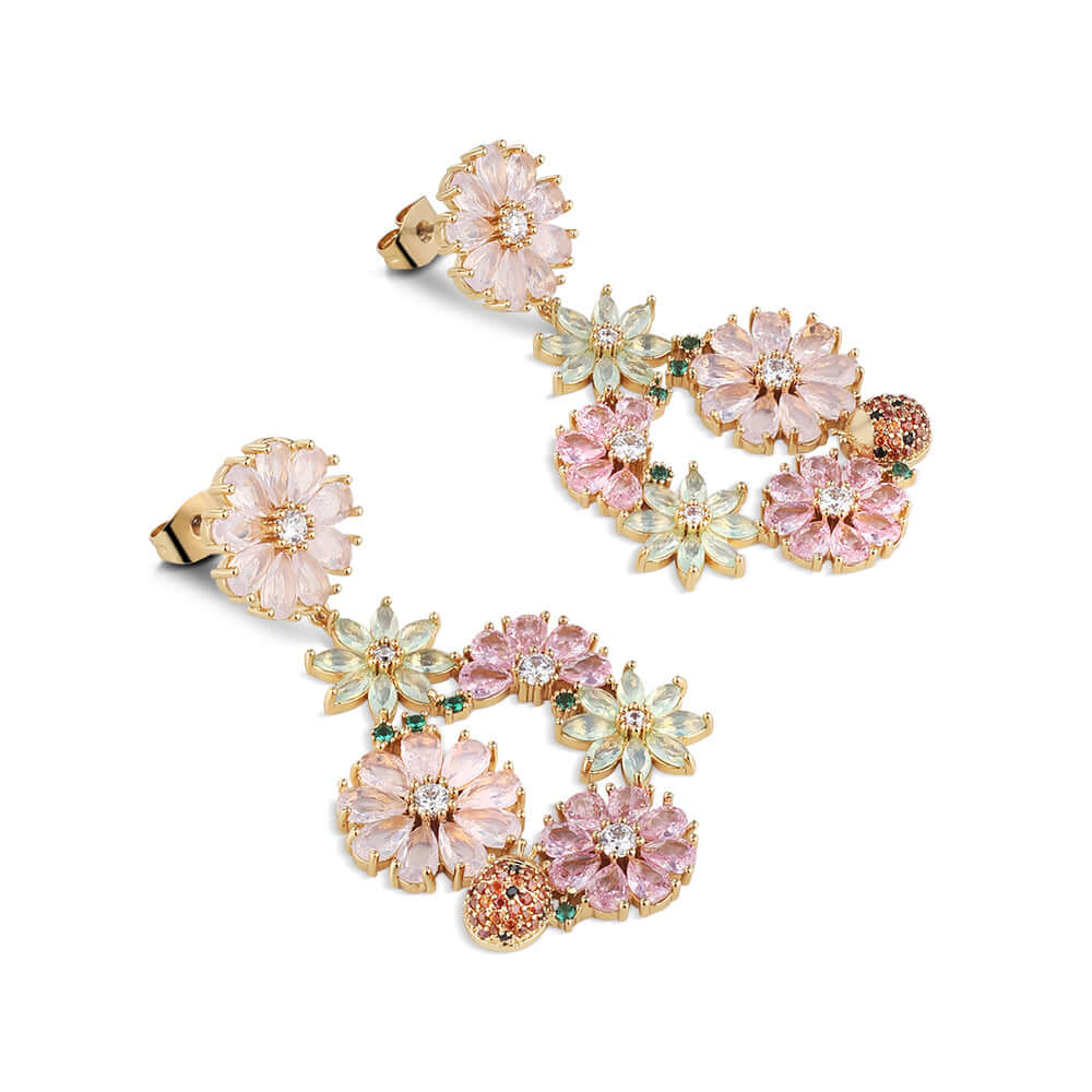 Newbridge, Gold Plated Pink & Green Floral Drop Earrinags