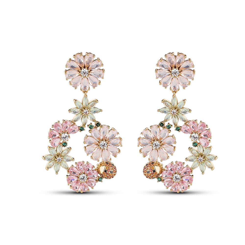 Newbridge, Gold Plated Pink & Green Floral Drop Earrinags