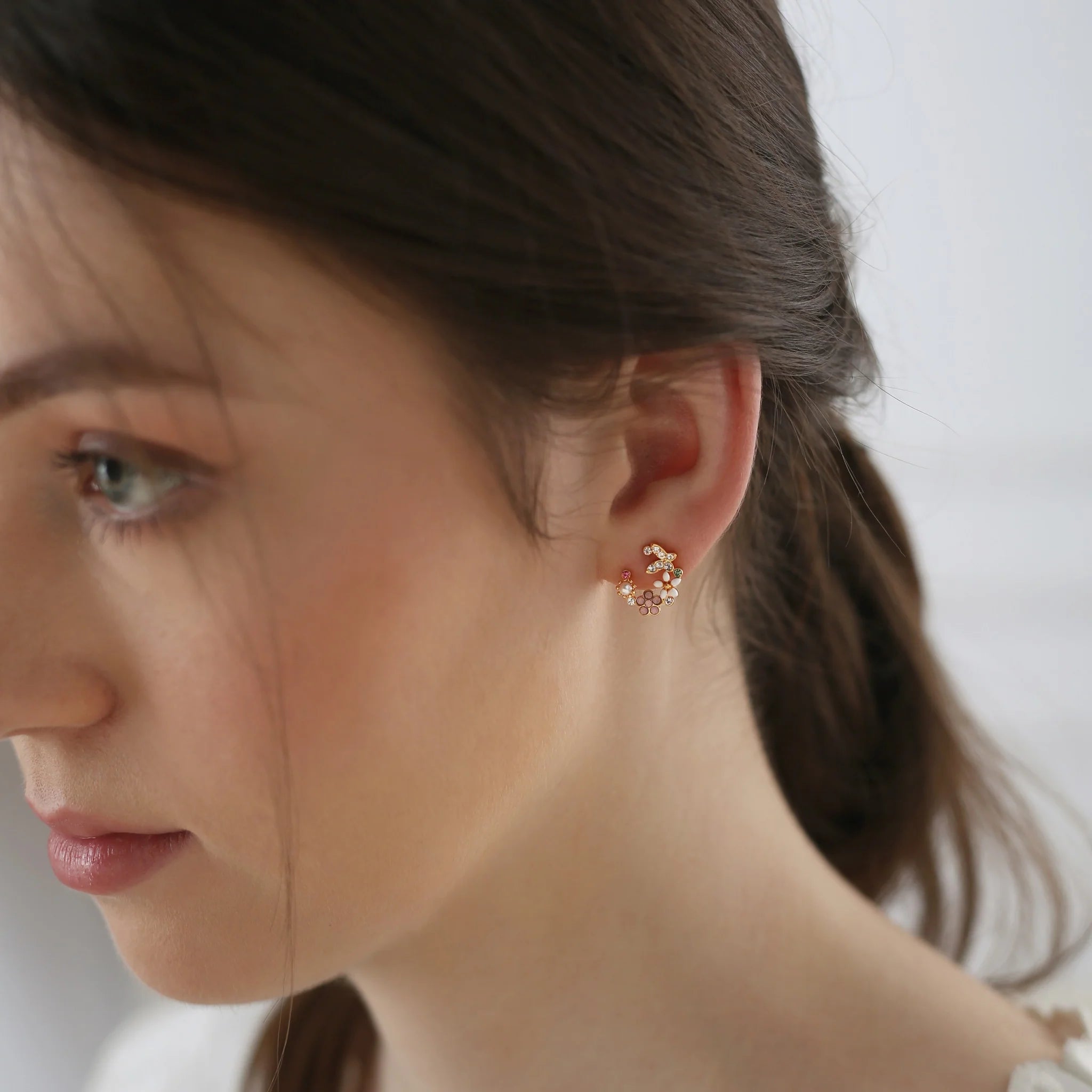 Newbridge, Gold Plated Pink & Green Floral Butterfly Earrings